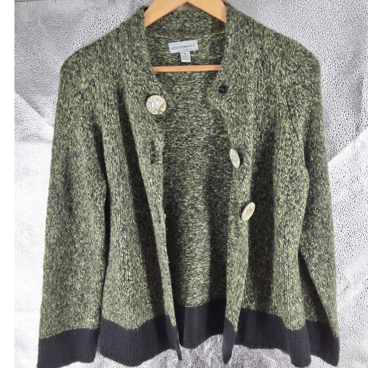 Kintamani Wind River Green Marled Chunky Knit Cardigan Sweater Small Mock Neck - View 5