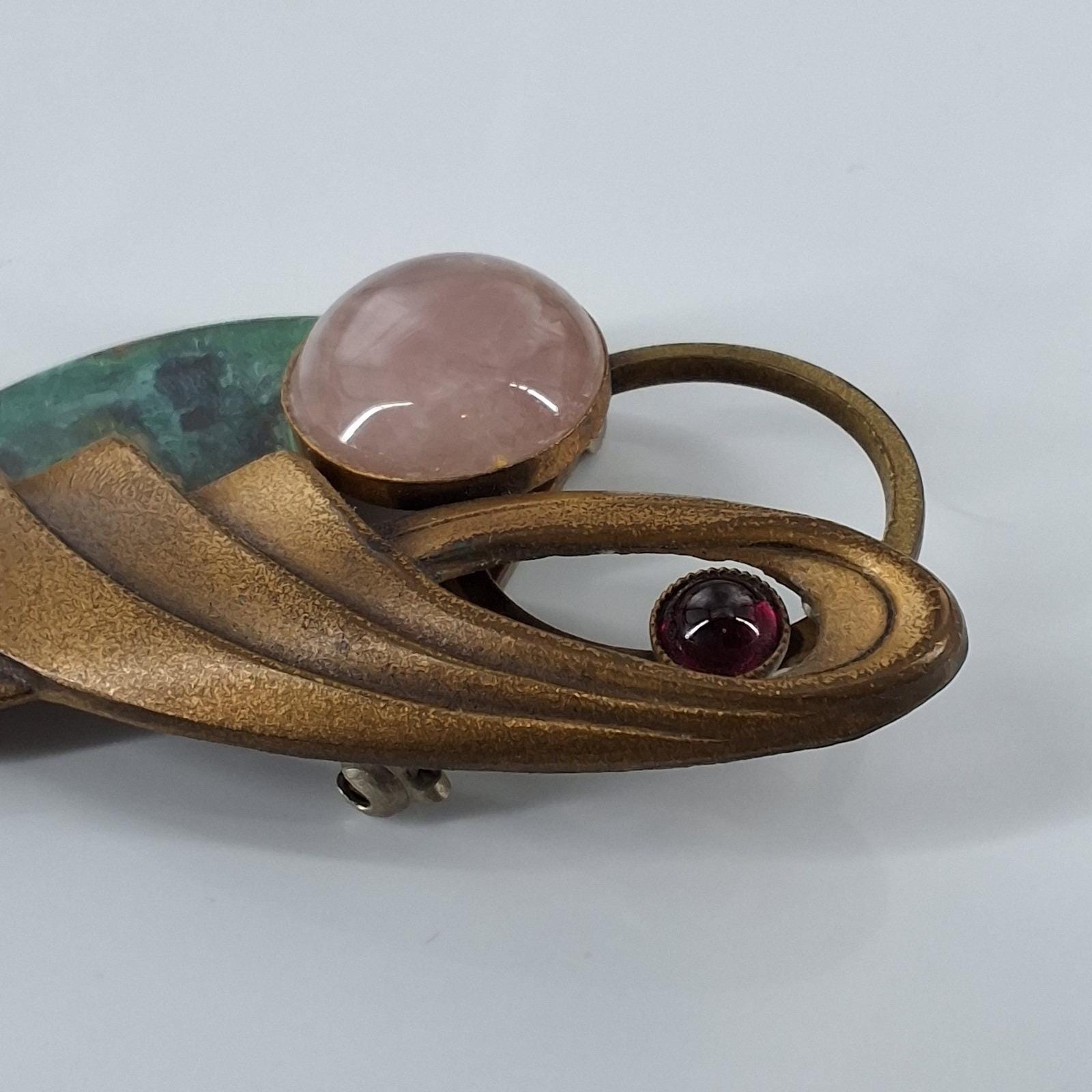 Vintage Modernist Artisan Brass Brooch Rose Quartz Garnet Verdigris Studio Pin - View 4