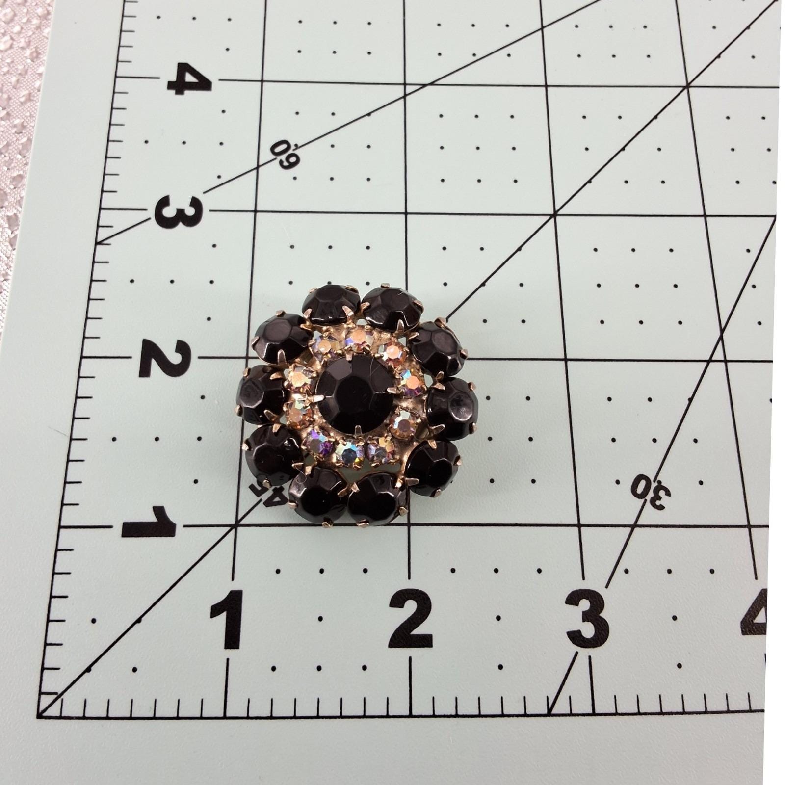 Vintage 1960s Black Rhinestone & Aurora Borealis Sunburst Tiered Brooch Pin