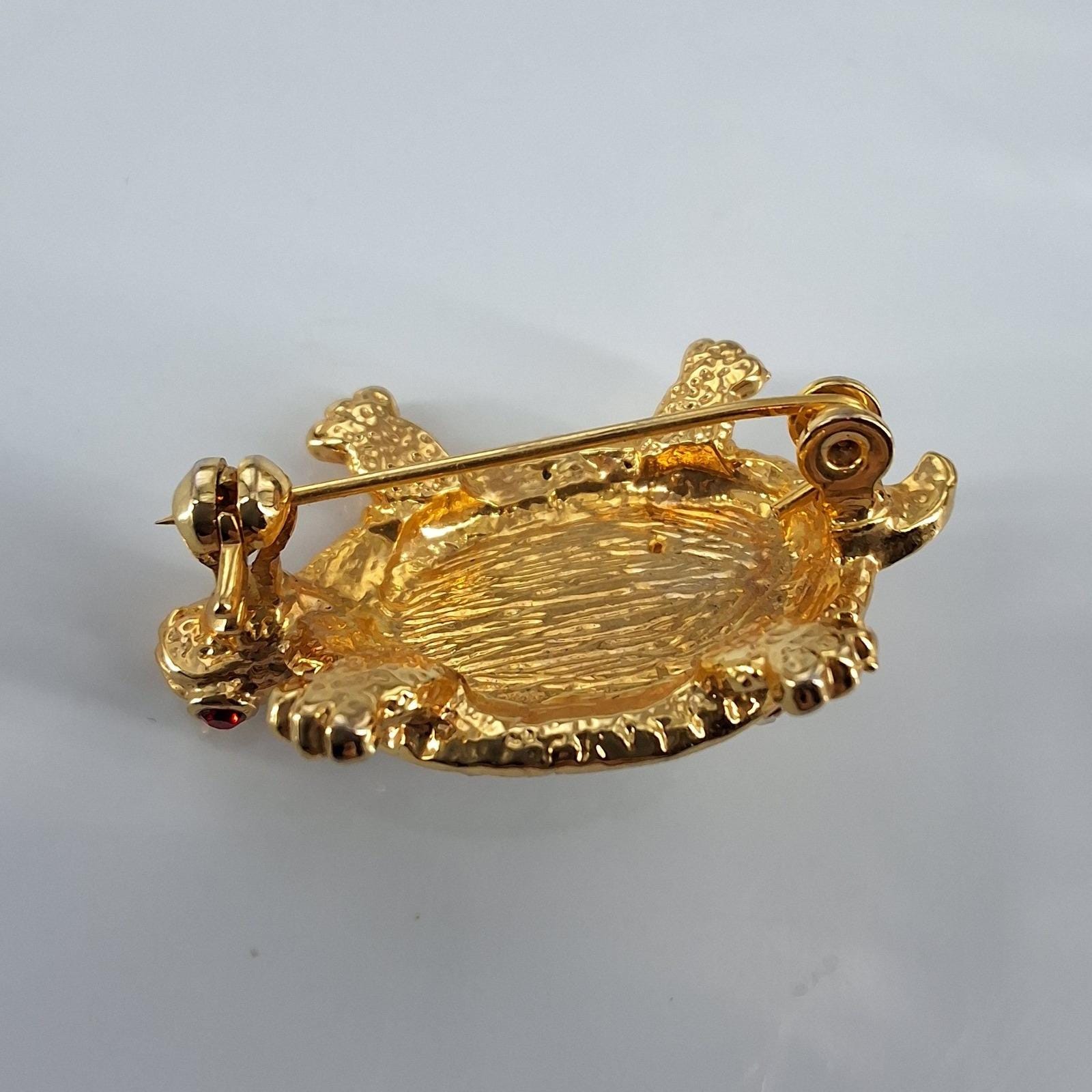 Vintage Gold Tone Turtle Brooch Faux Pearl Rhinestone Shell Red Eyes Pin - View 5