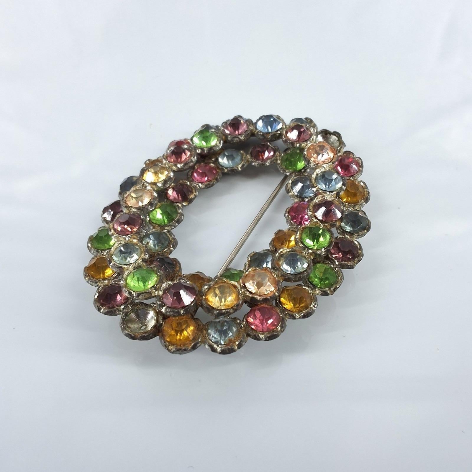 Vintage Multi Color Rhinestone Wreath Brooch Silver Tone Mid Century Pin 2"
