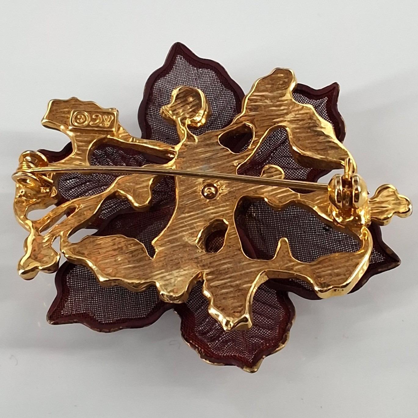 Vintage Kenneth Cole KC Burgundy Mesh Poinsettia Brooch Christmas Holiday Pin - View 3