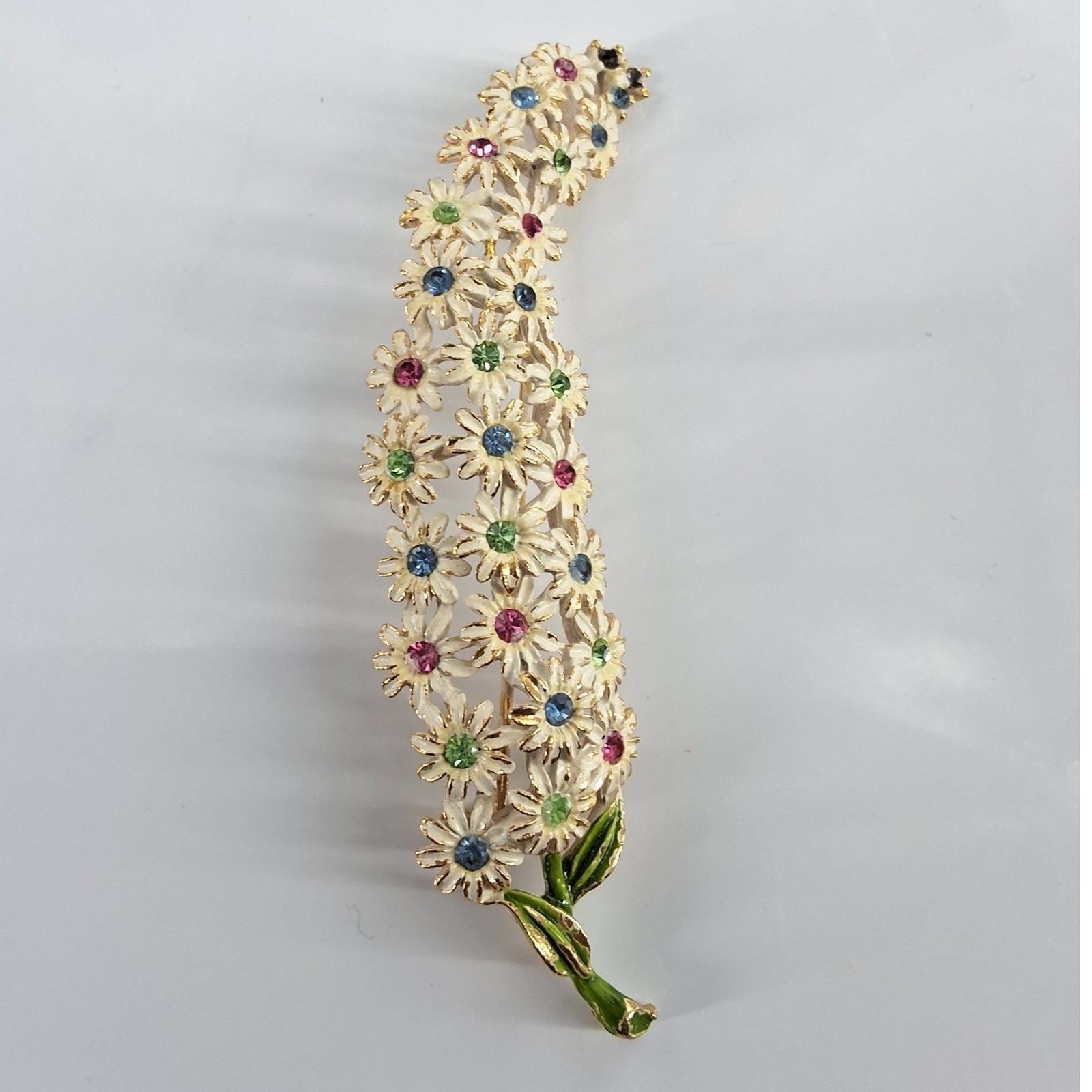 Vintage 60s Cream Enamel Daisy Flower Spray Brooch Multicolor Rhinestones Gold