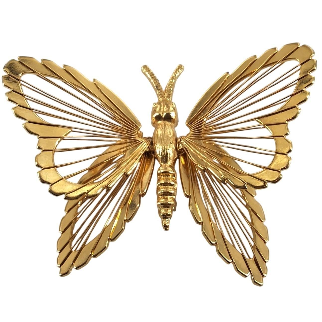 Vintage Monet Spinnerets 3D Butterfly Brooch Gold Tone Menagerie Filigree Pin
