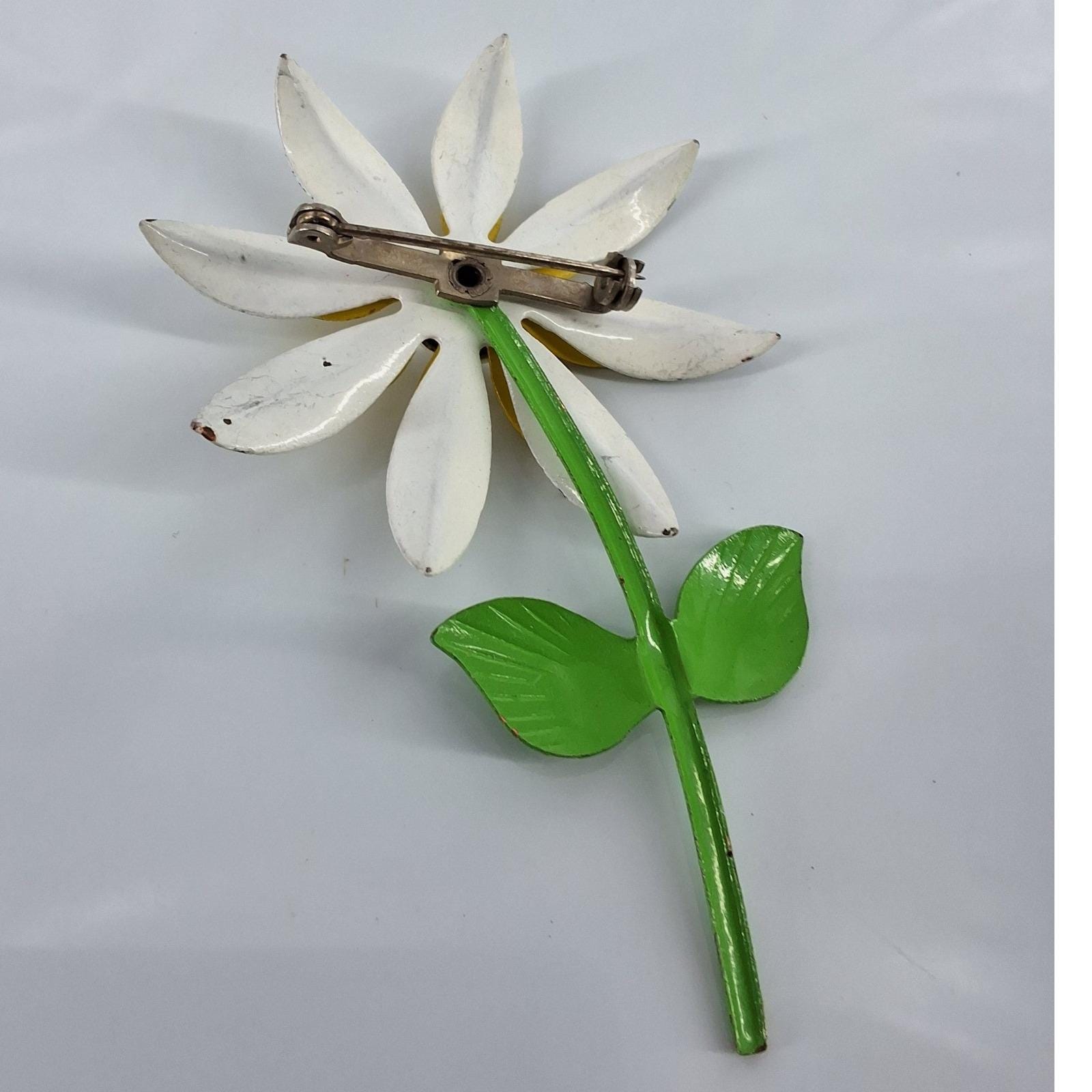 Vintage 60s Mod Enamel Daisy Brooch White Yellow Flower Power Statement Pin 3" - View 3