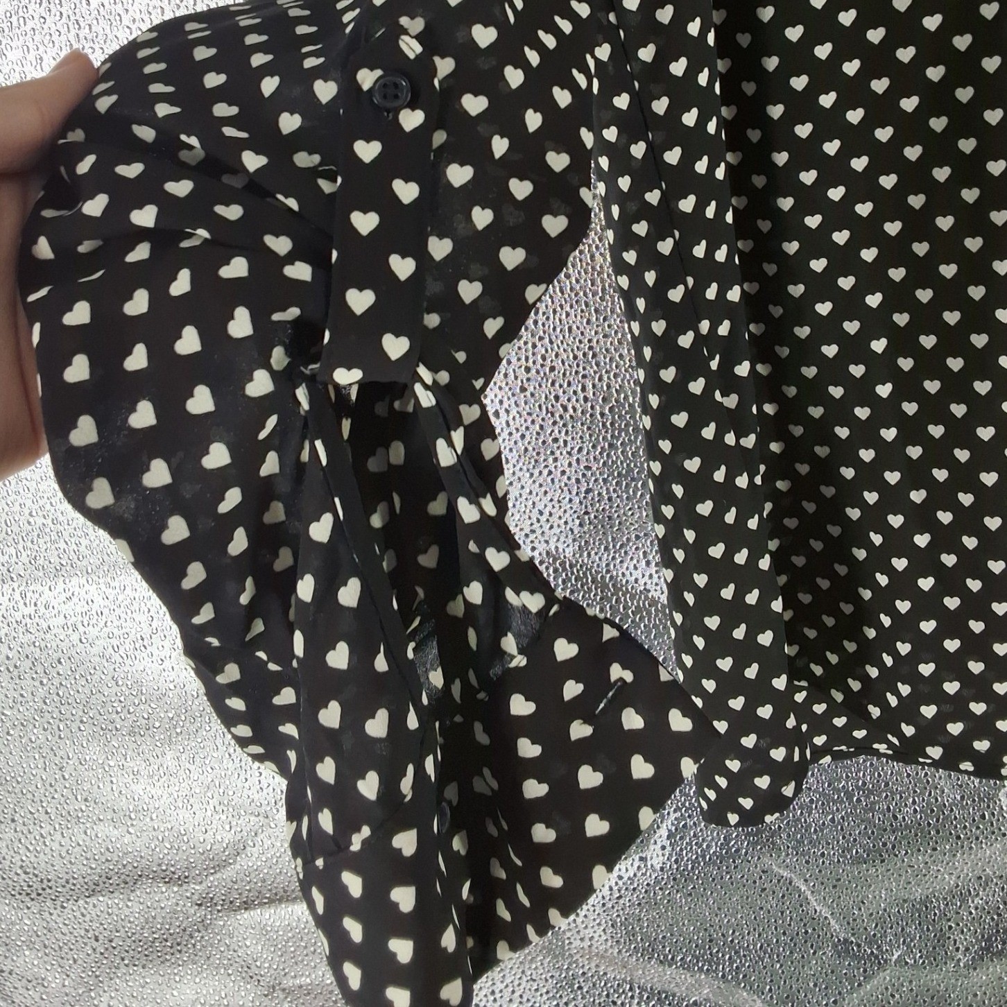 Candie's Heart Print Half Zip Blouse Black White Ladder Cutout Shoulder Large - View 3