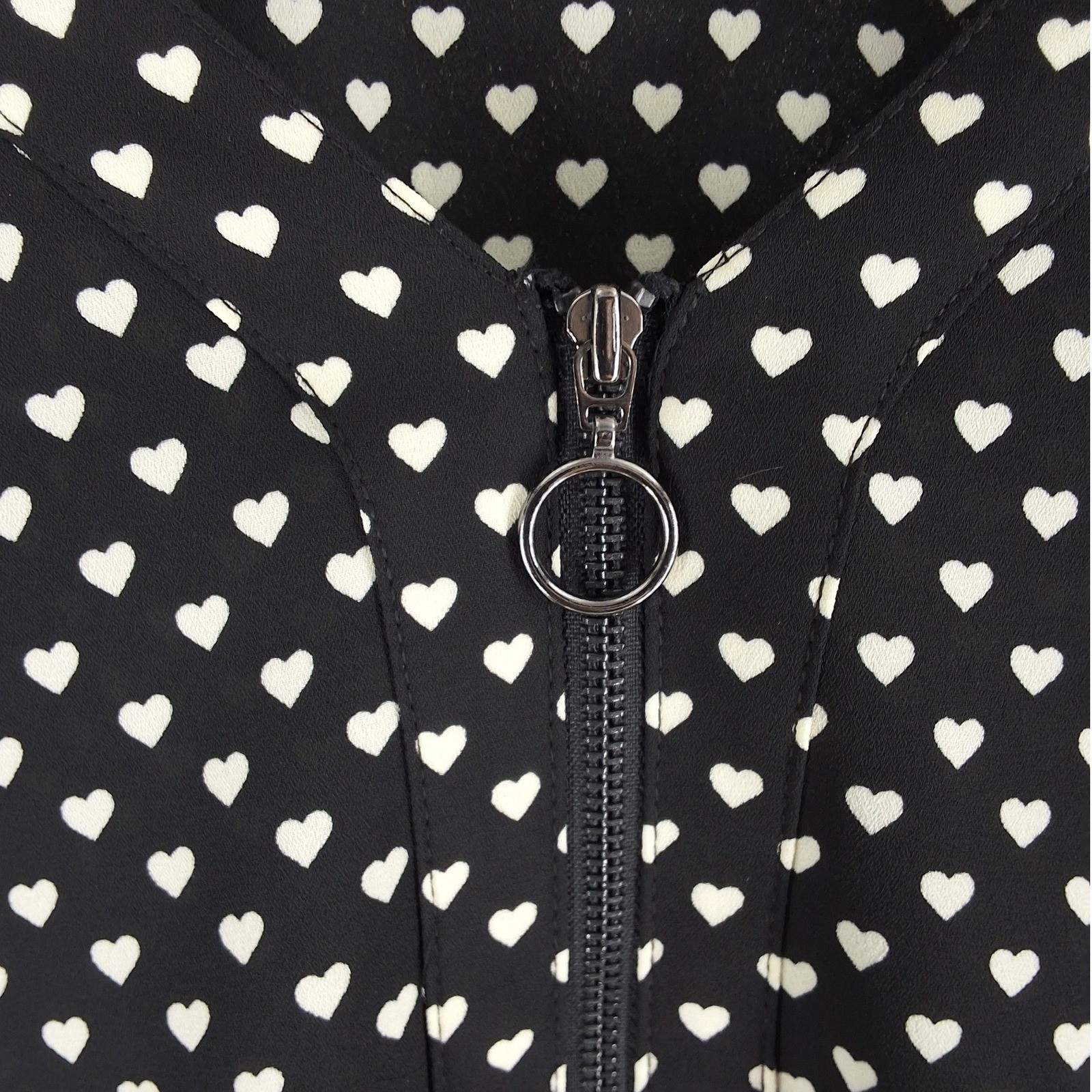 Candie's Heart Print Half Zip Blouse Black White Ladder Cutout Shoulder Large - View 5