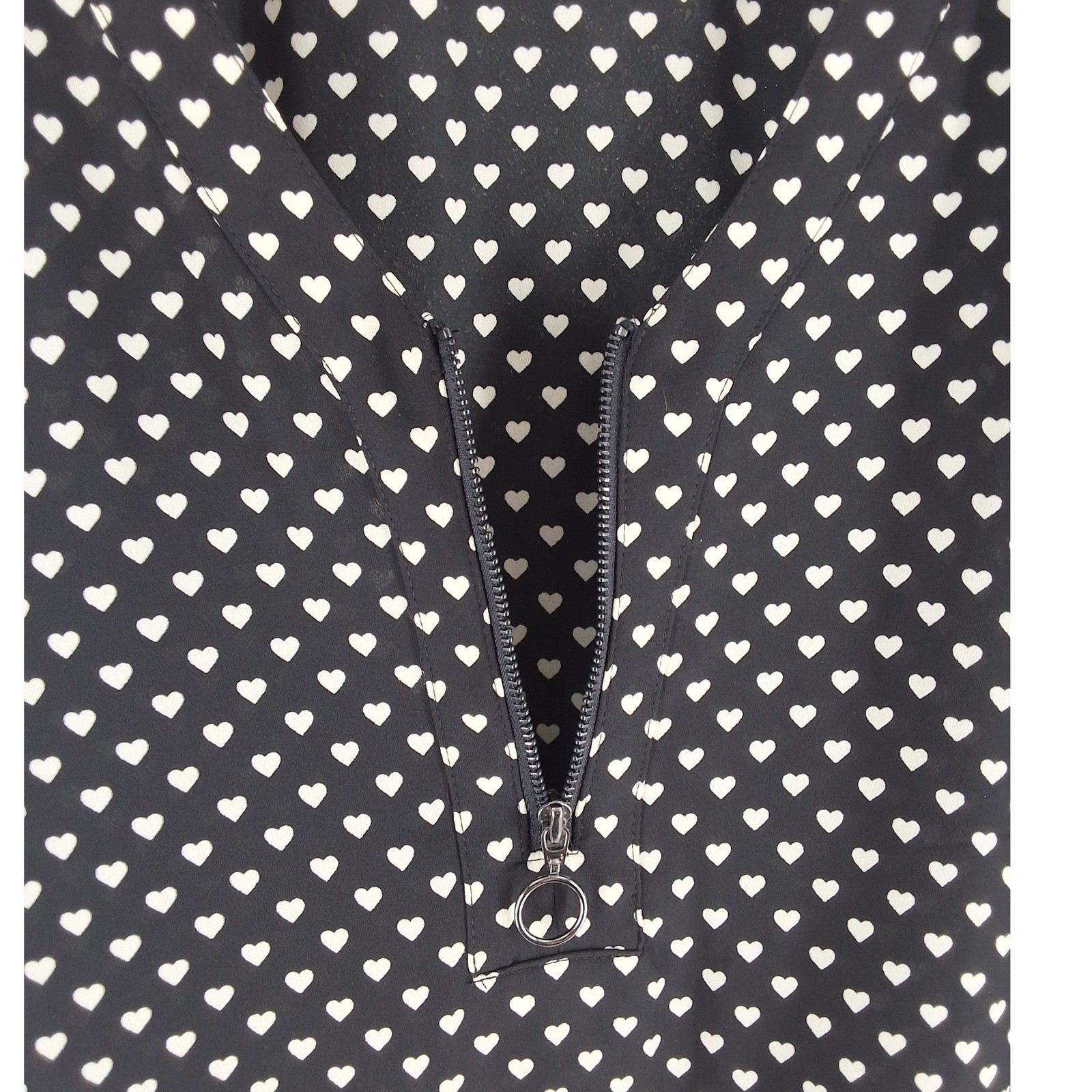 Candie's Heart Print Half Zip Blouse Black White Ladder Cutout Shoulder Large - View 6