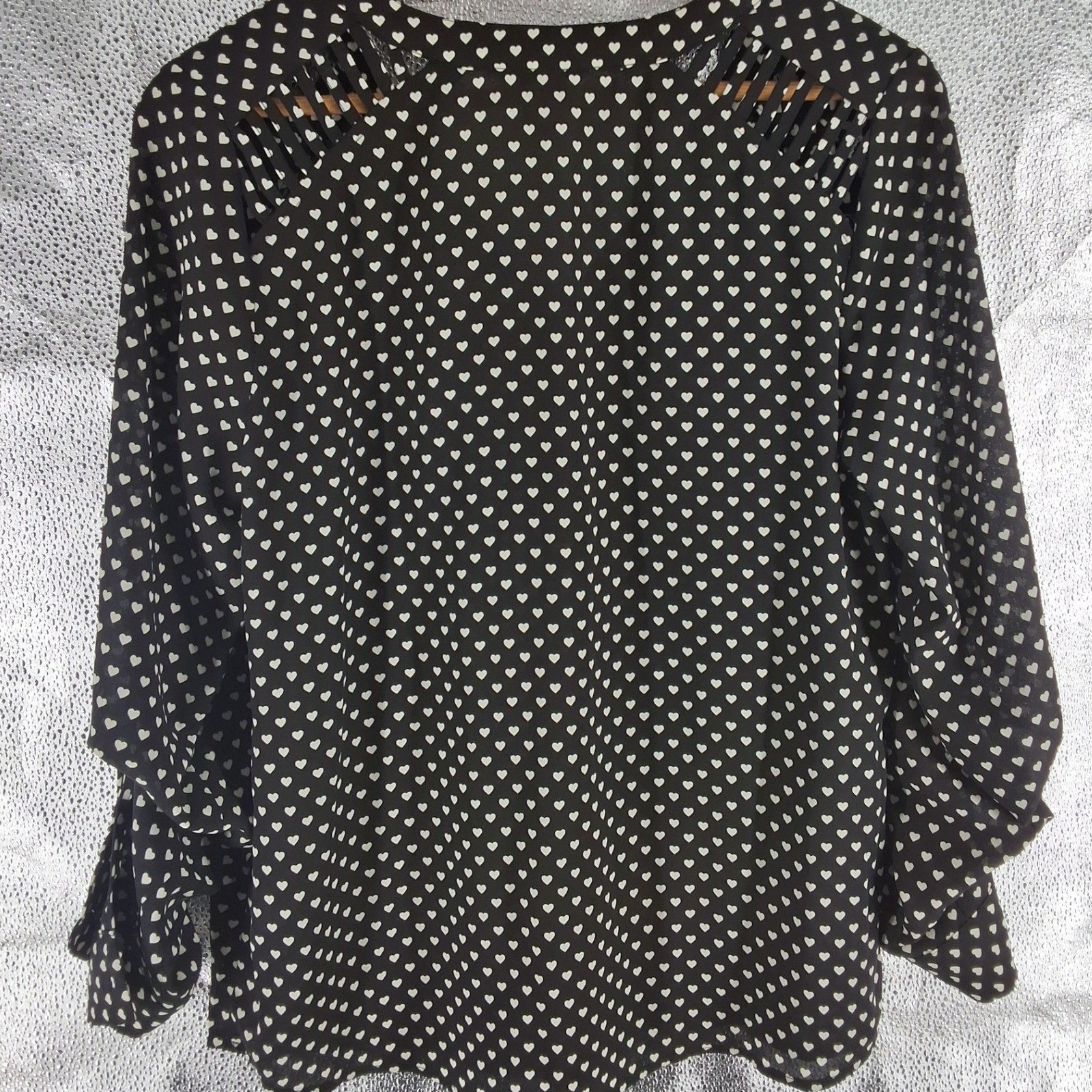 Candie's Heart Print Half Zip Blouse Black White Ladder Cutout Shoulder Large - View 8