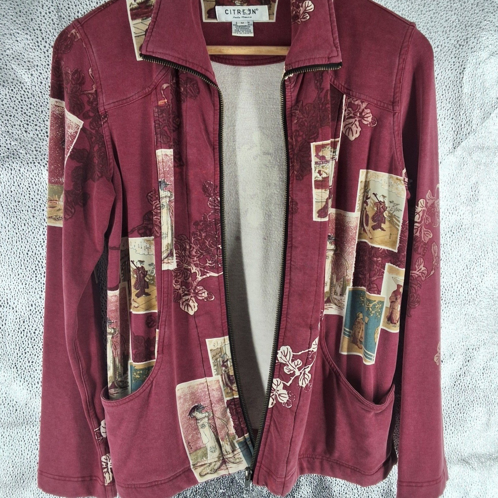 Citron Santa Monica Geisha Art Print Bamboo Zip Up Jacket Burgundy M Art To Wear - View 7