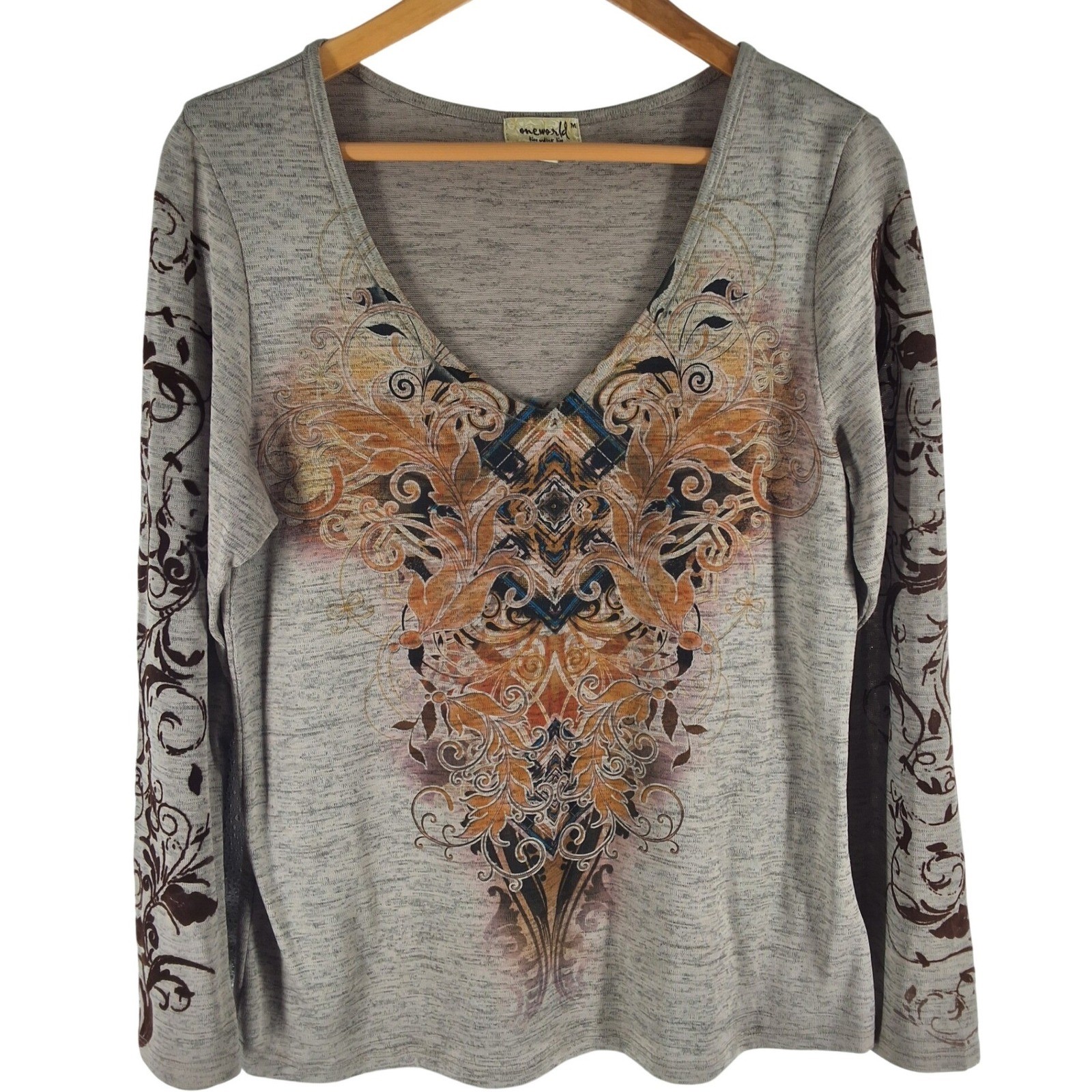 One World Boho Scroll Graphic V-Neck Top Taupe Brown Med 7610C-38983