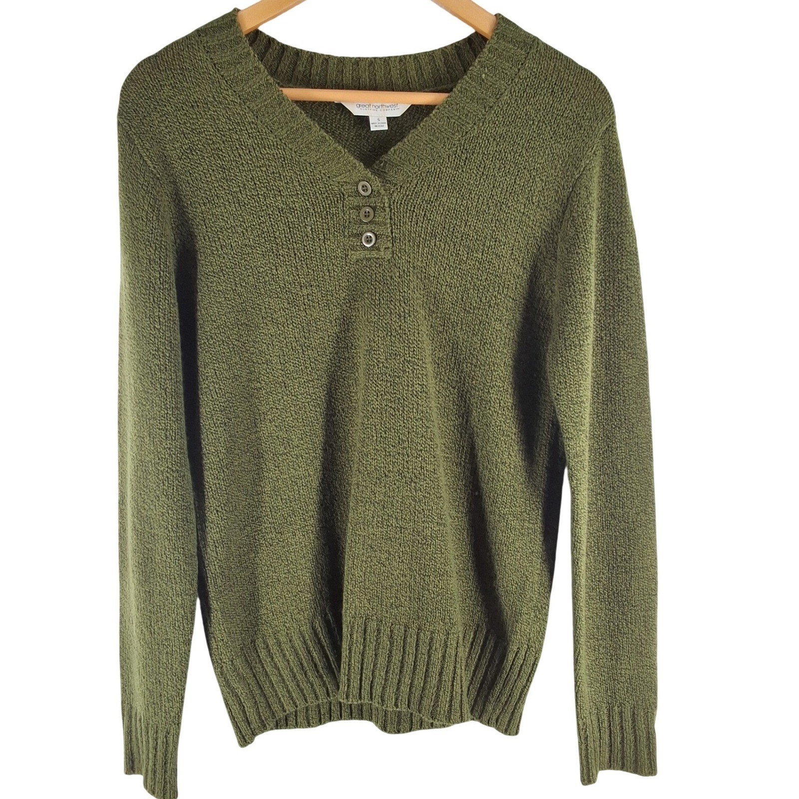 Great Northwest Womens Olive Green Henley Sweater Small Textured Knit Pullover
