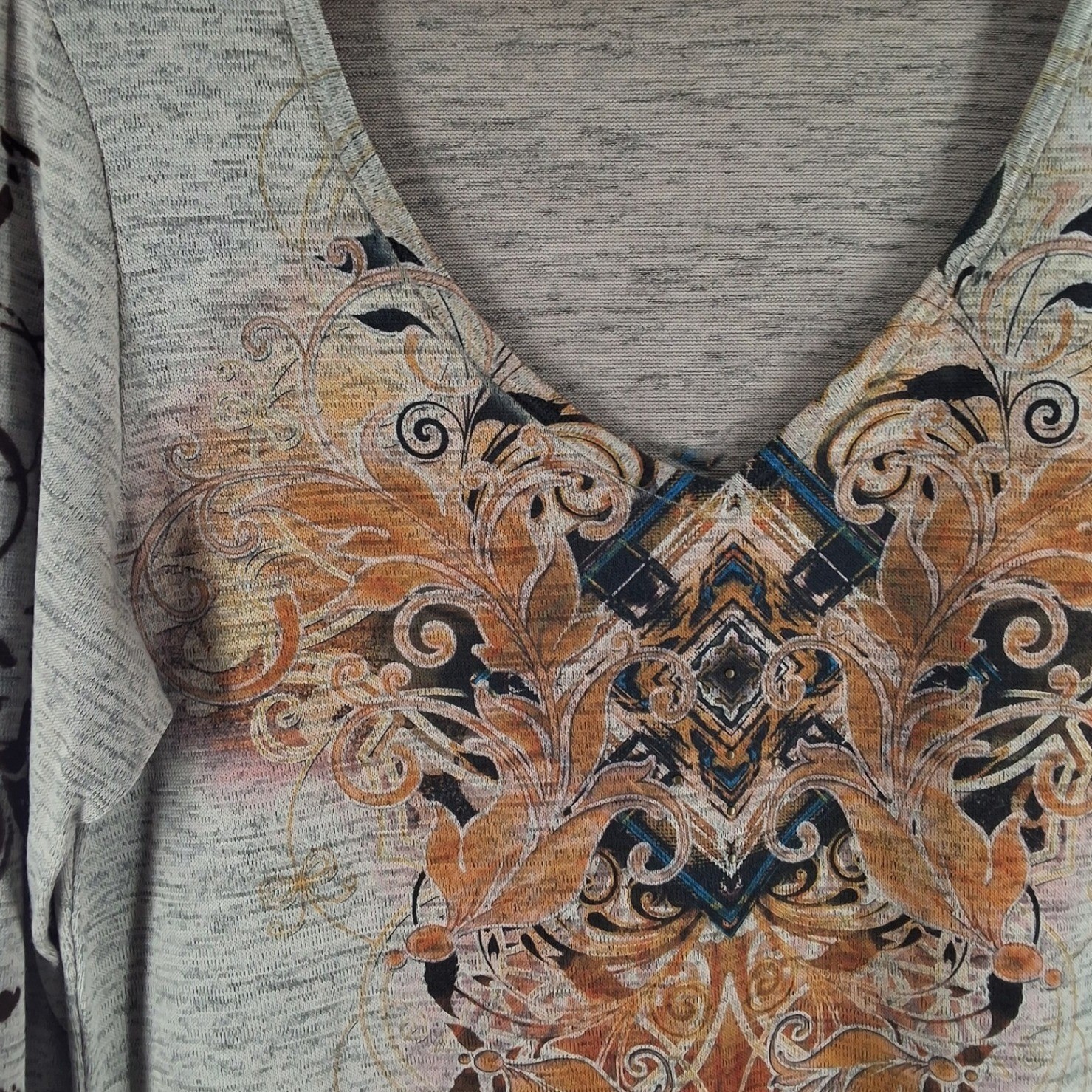 One World Boho Scroll Graphic V-Neck Top Taupe Brown Med 7610C-38983 - View 3