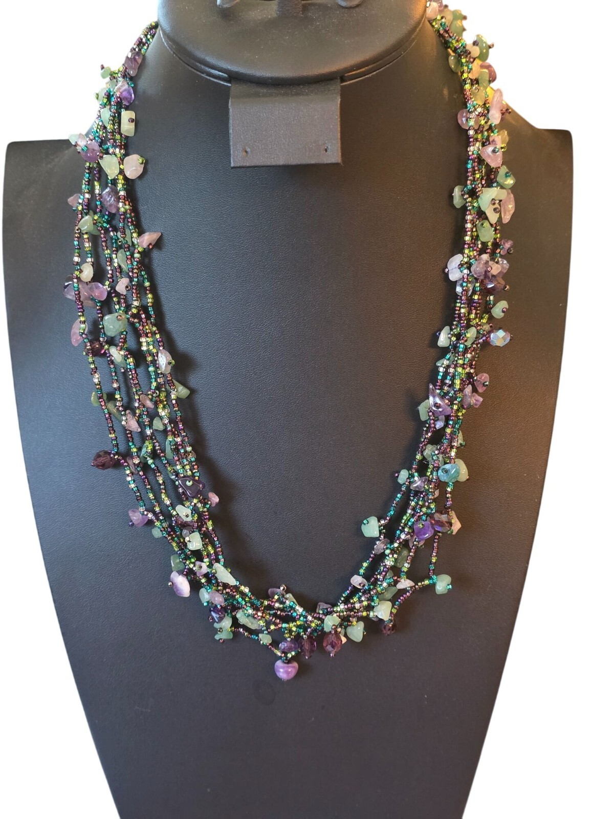 Fluorite & Amethyst Gemstone Multistrand Beaded Necklace w/ Magnetic Clasp