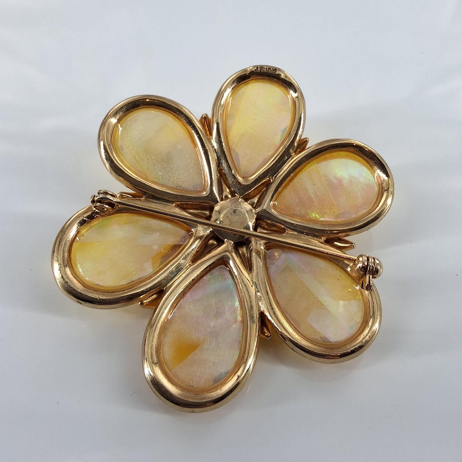 Vintage Monet Yellow Flower Brooch Gold Tone Iridescent Resin Petal Pin 2.25" - View 6