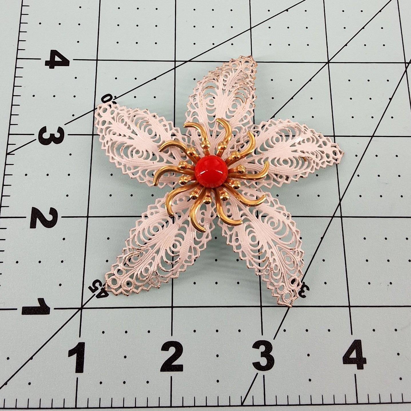 Vintage 60s White Enamel Flower Brooch 3" Large Gold Filigree Red Cabochon Mod