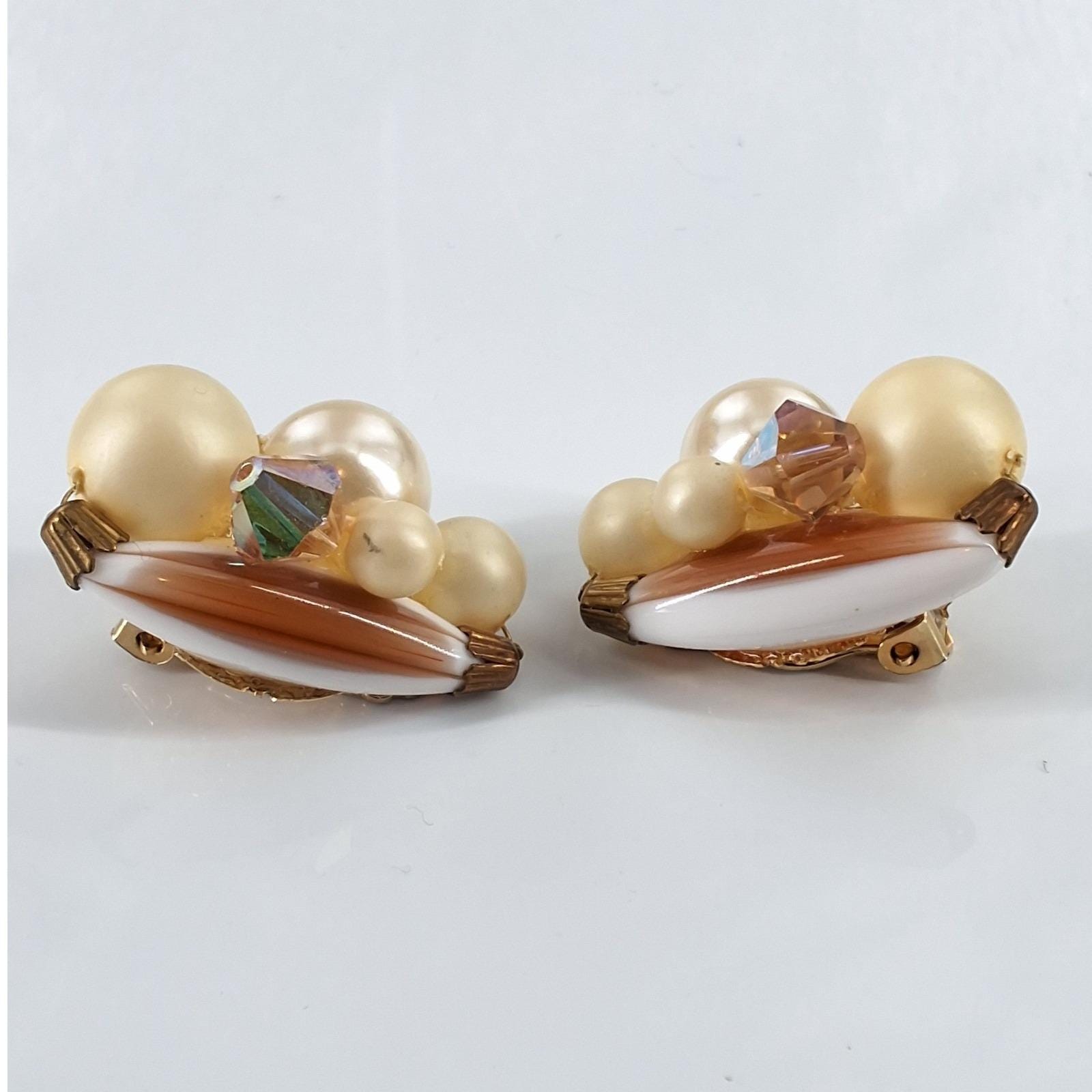 Vintage Taiwan Faux Pearl AB Crystal Marquise Marbled Cluster Clip On Earrings - View 3