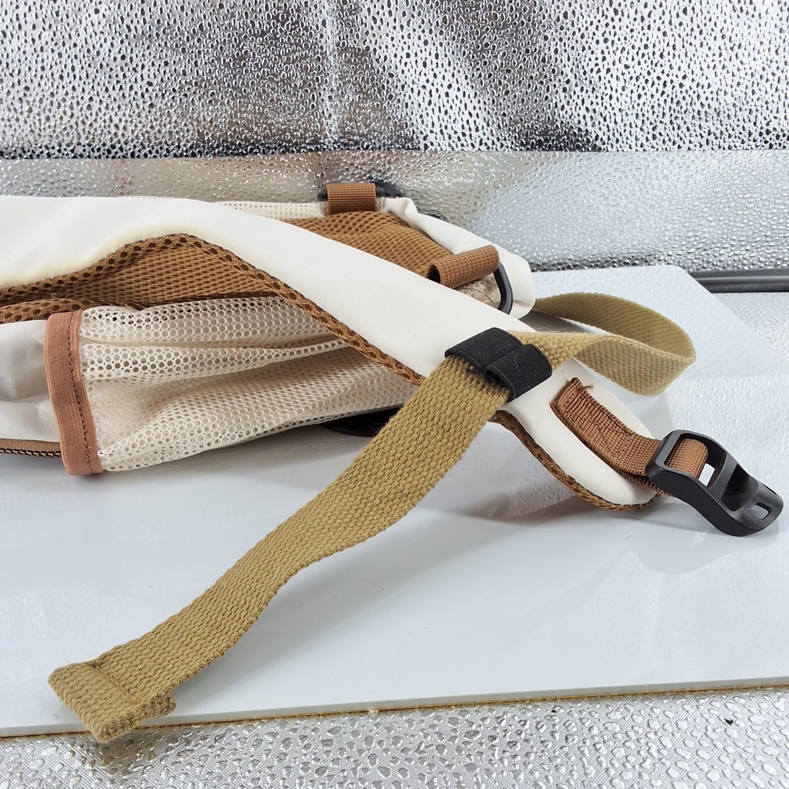 Cream Quilted Nylon Sling Bag Unisex Crossbody Backpack Headphone Port - View 8