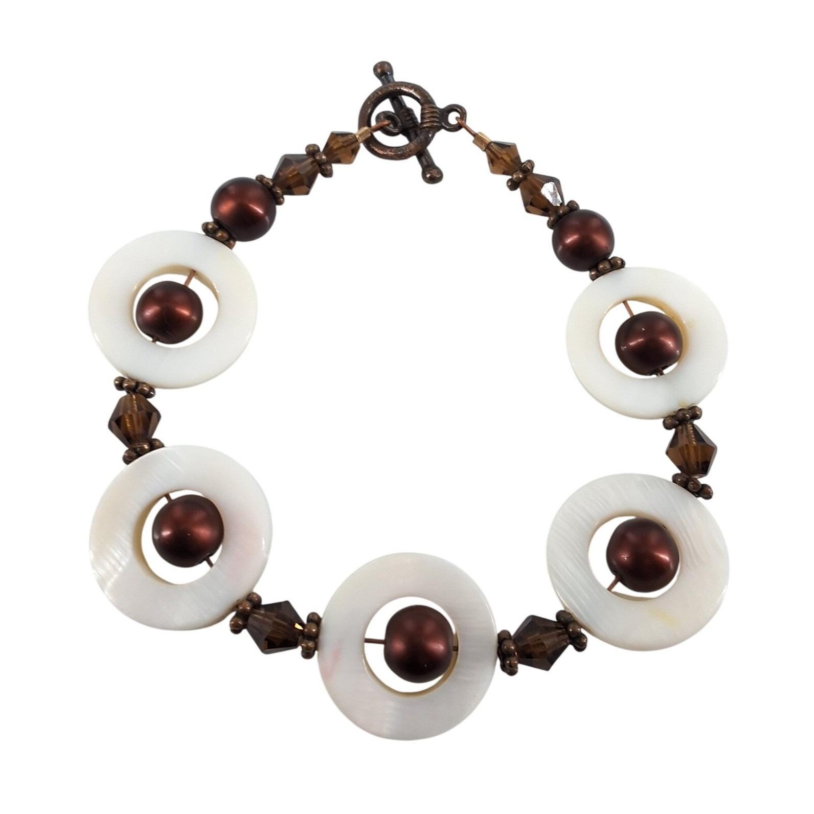 Vintage Boho Mother of Pearl Donut & Brown Pearl Toggle Bracelet 8"
