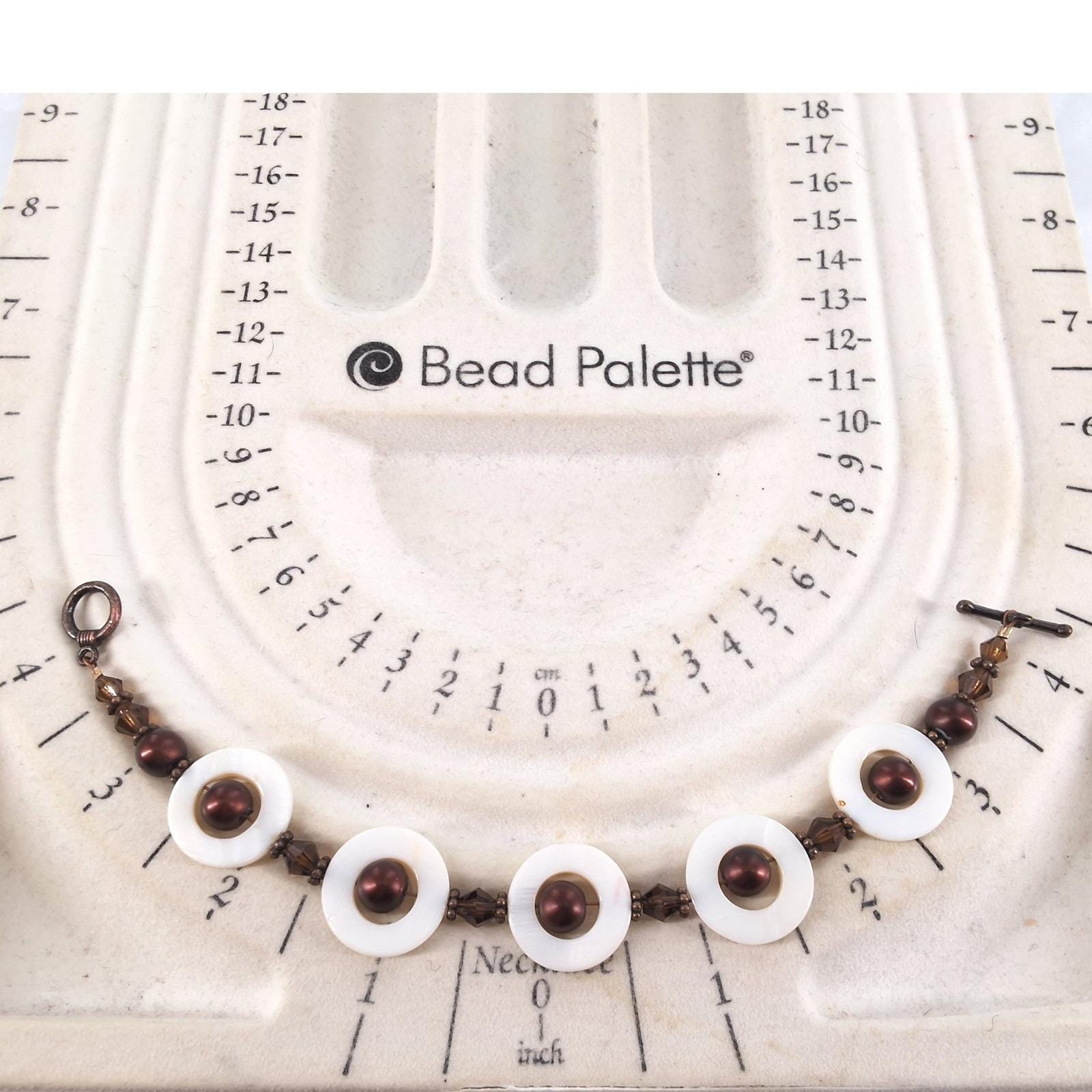 Vintage Boho Mother of Pearl Donut & Brown Pearl Toggle Bracelet 8" - View 3