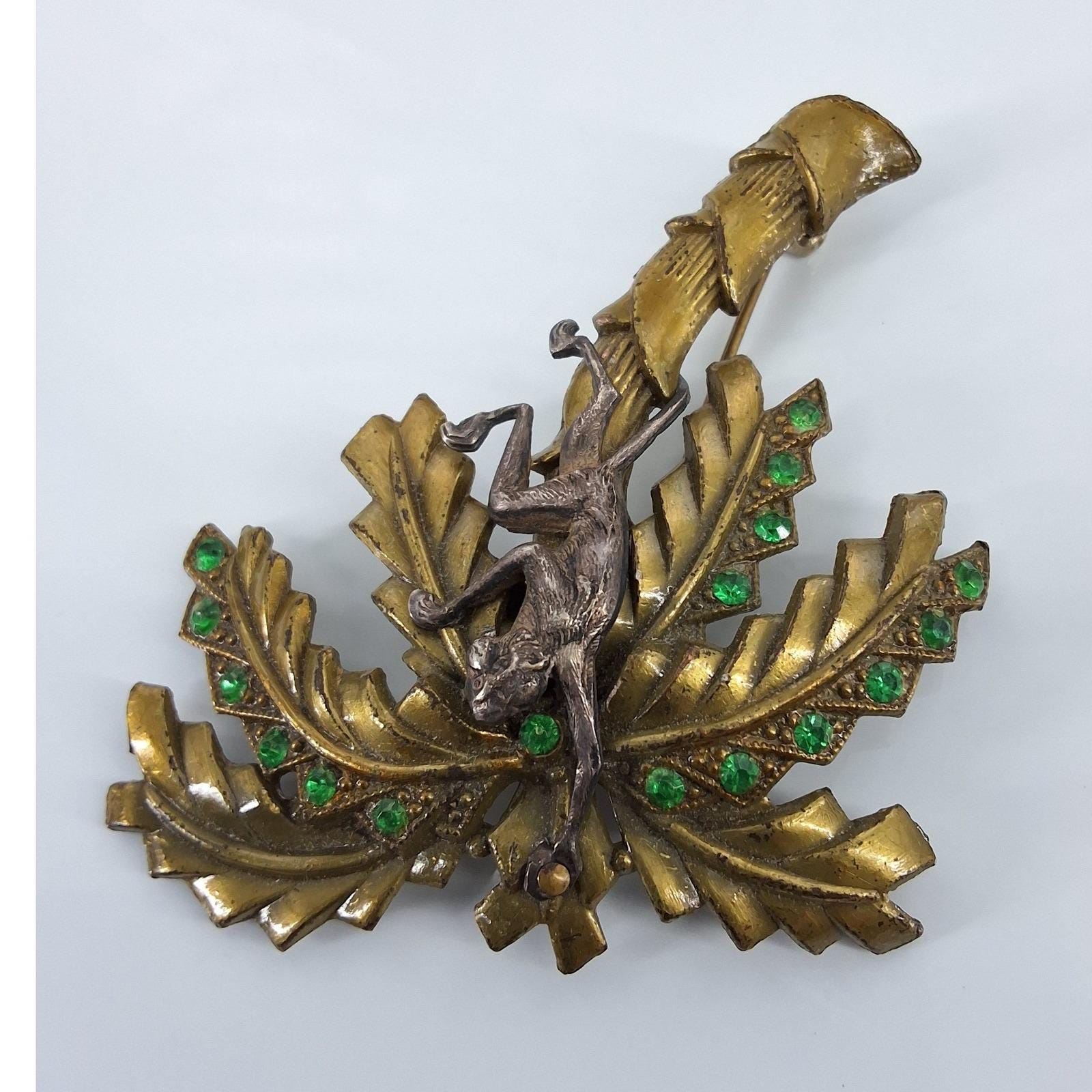 Vintage 1928 Jewelry Co Monkey Palm Tree Brooch Green Rhinestone Pin Book Piece - View 5