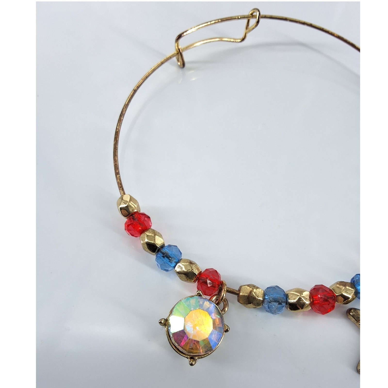 Patriotic Gold Tone Charm Bangle Bracelet Red Blue Beads Star Heart AB Crystal