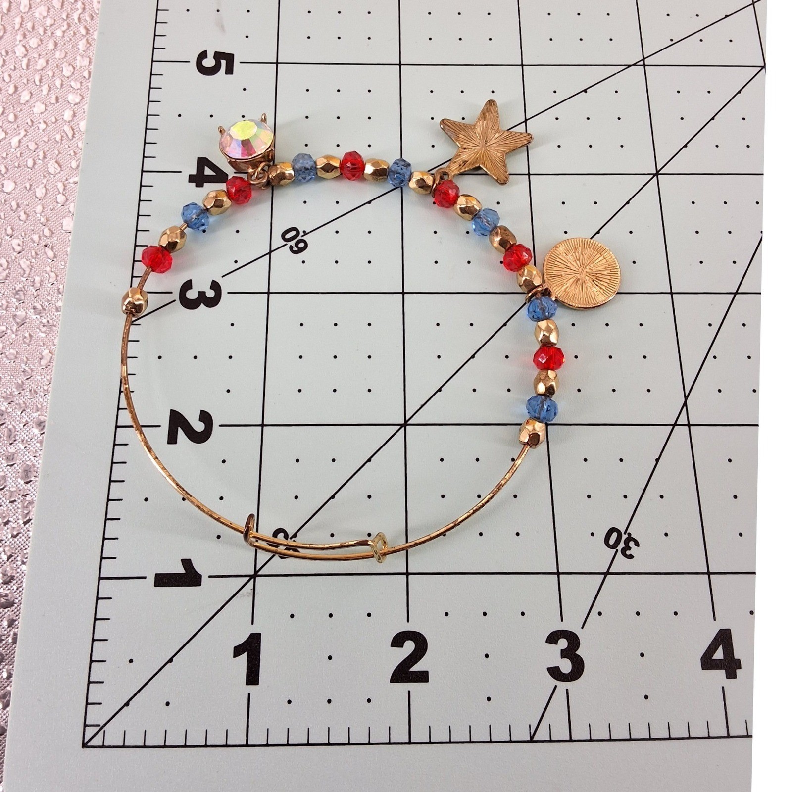Patriotic Gold Tone Charm Bangle Bracelet Red Blue Beads Star Heart AB Crystal - View 4