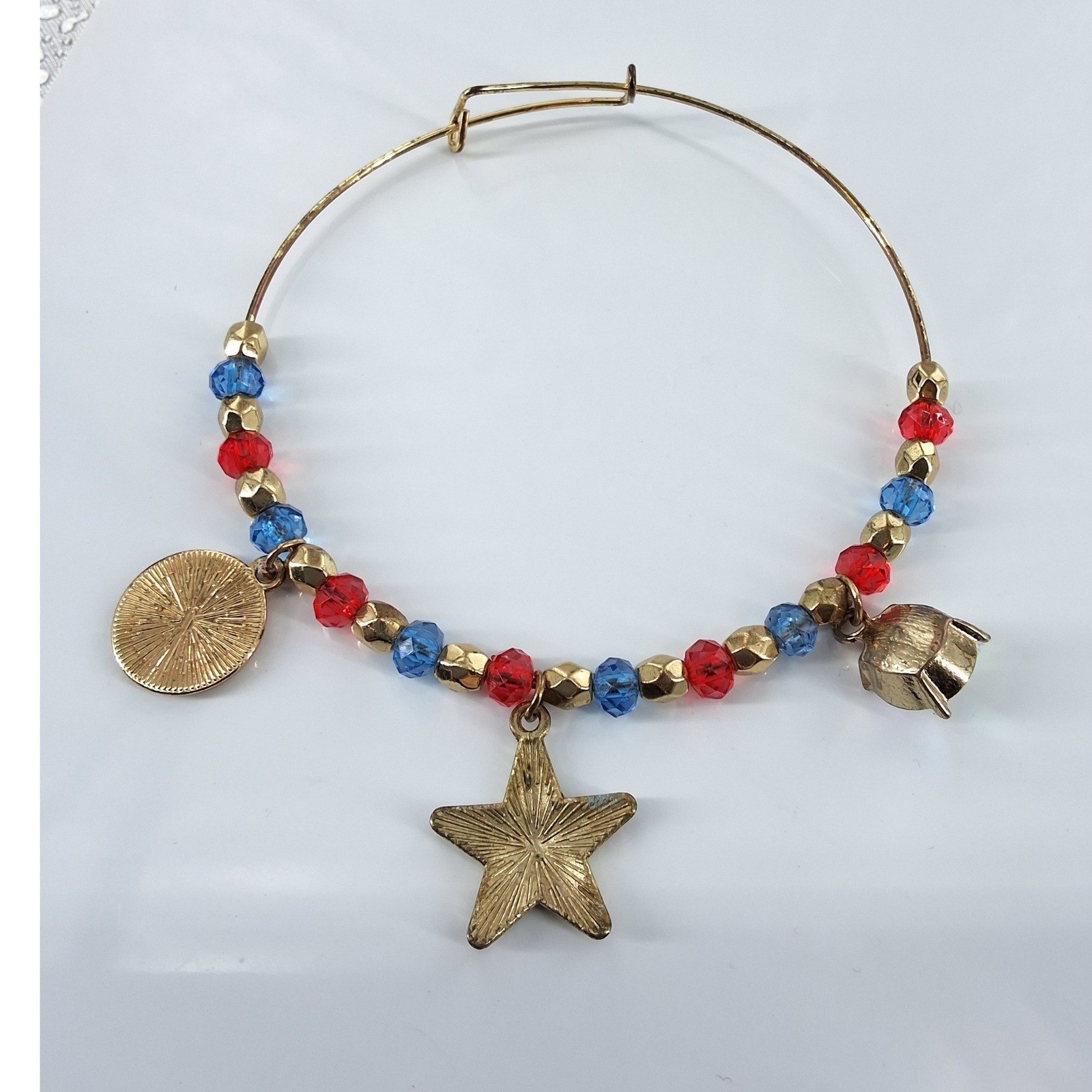 Patriotic Gold Tone Charm Bangle Bracelet Red Blue Beads Star Heart AB Crystal - View 5