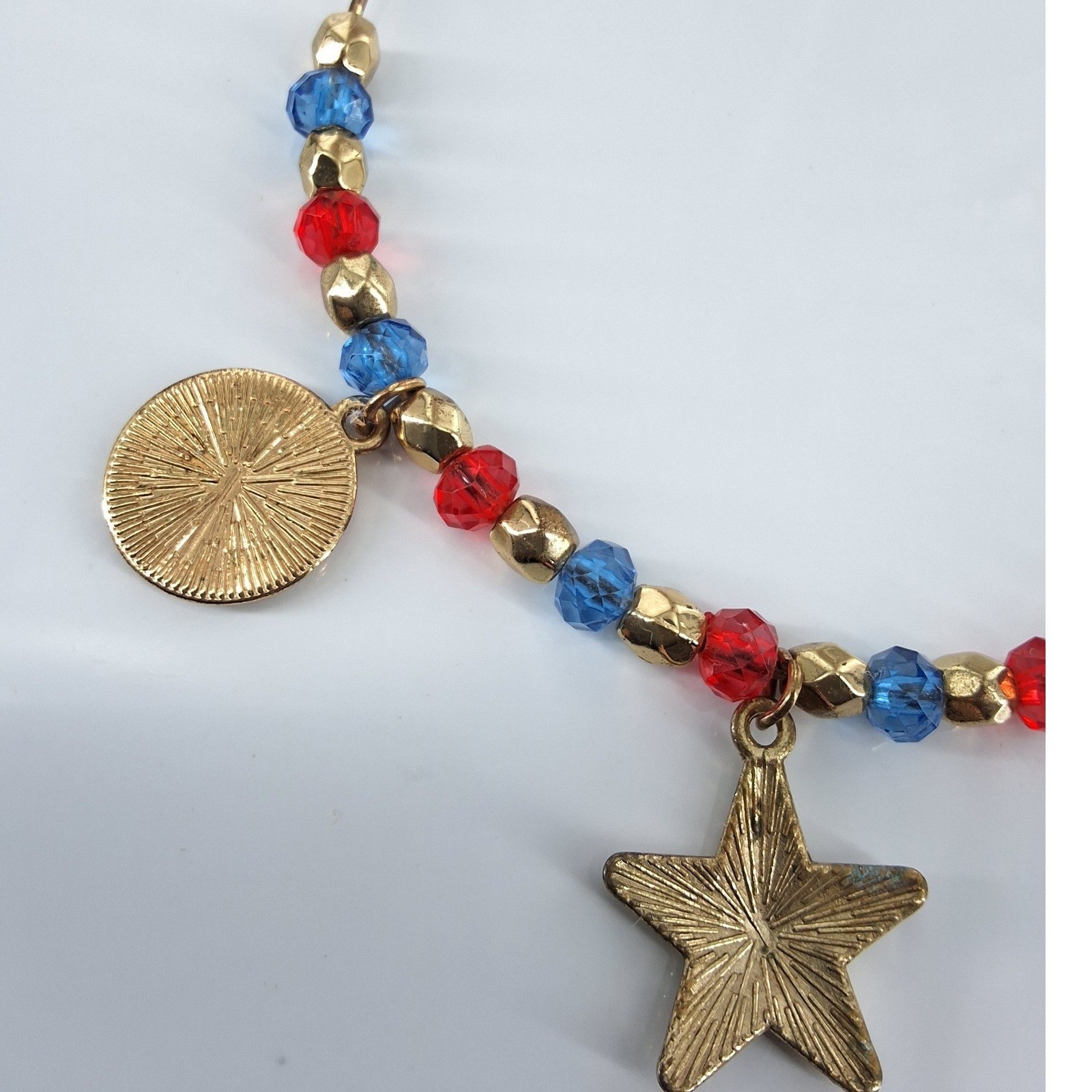 Patriotic Gold Tone Charm Bangle Bracelet Red Blue Beads Star Heart AB Crystal - View 6