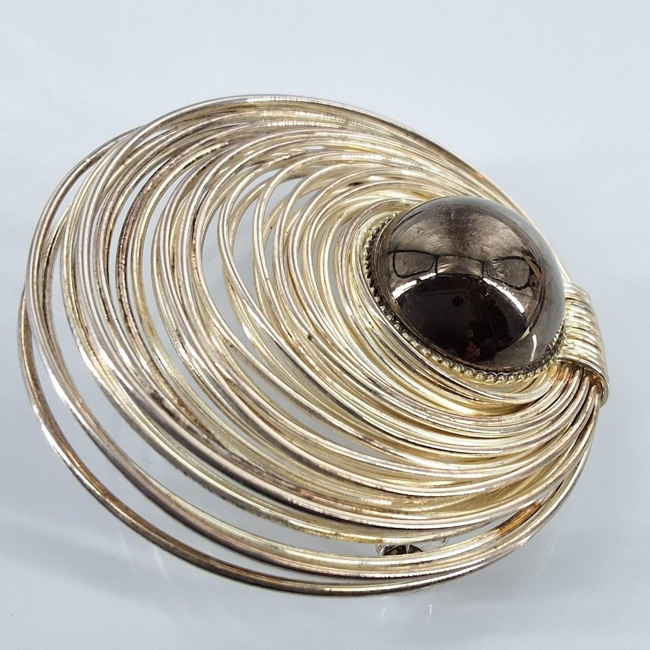 Vintage 80s Gold Tone Modernist Spiral Wire Nest Brooch Hematite Cabochon