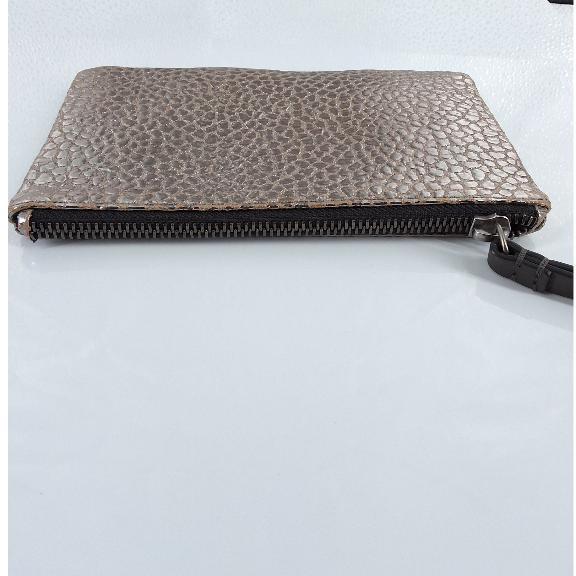 Brunello Cucinelli Metallic Bronze Pebble Leather Wristlet Pouch Zip Clutch - View 7