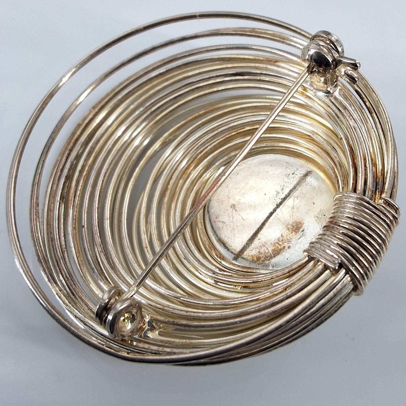 Vintage 80s Gold Tone Modernist Spiral Wire Nest Brooch Hematite Cabochon - View 3