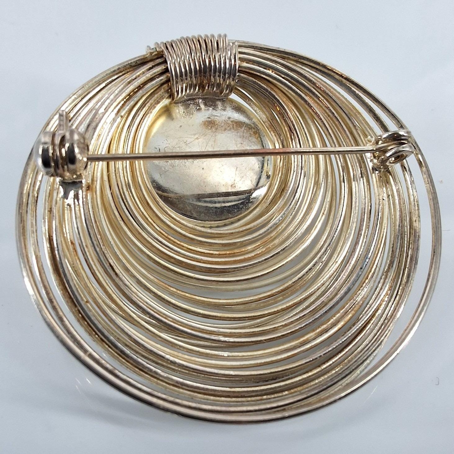 Vintage 80s Gold Tone Modernist Spiral Wire Nest Brooch Hematite Cabochon - View 4