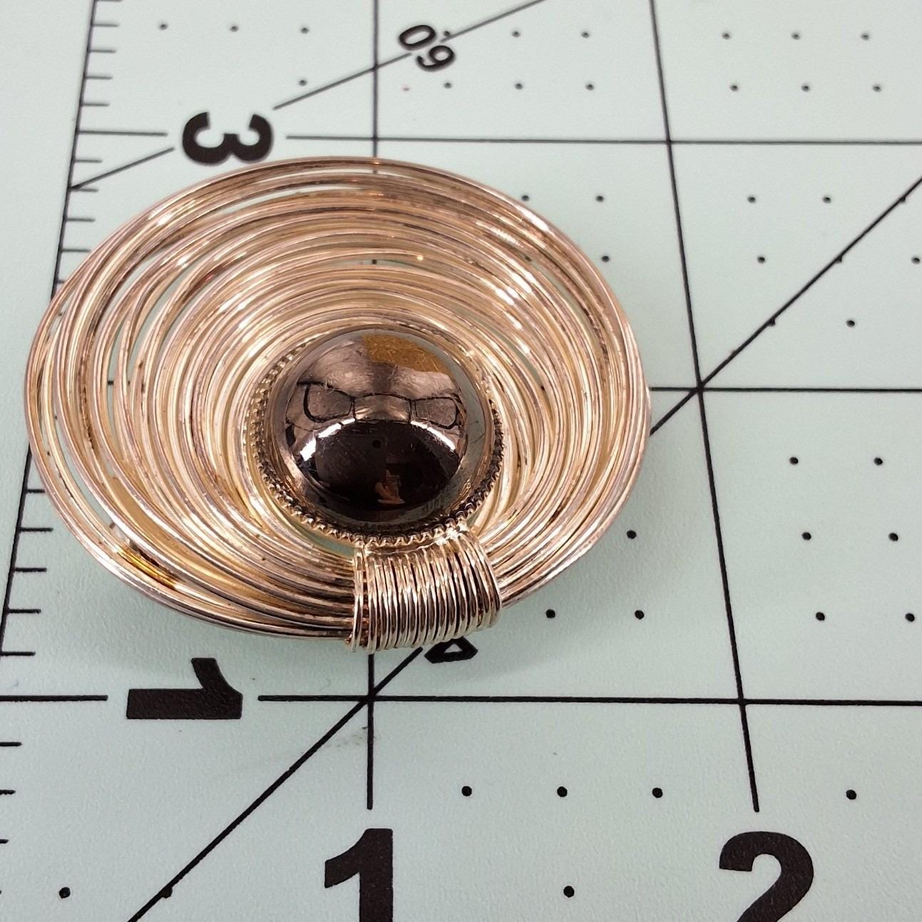 Vintage 80s Gold Tone Modernist Spiral Wire Nest Brooch Hematite Cabochon - View 6