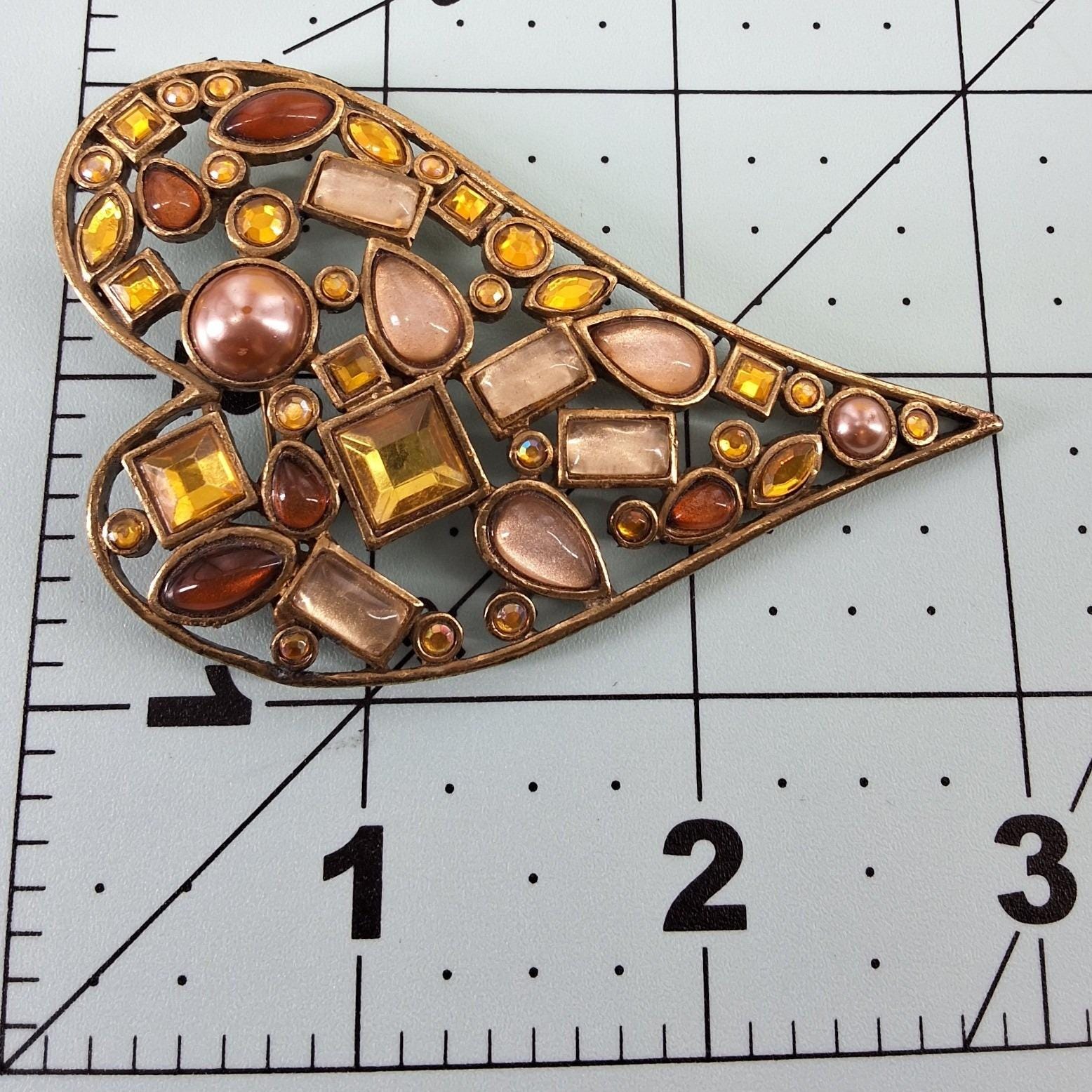 Vintage Style Amber Crystal & Faux Pearl Heart Statement Brooch Pin - View 5