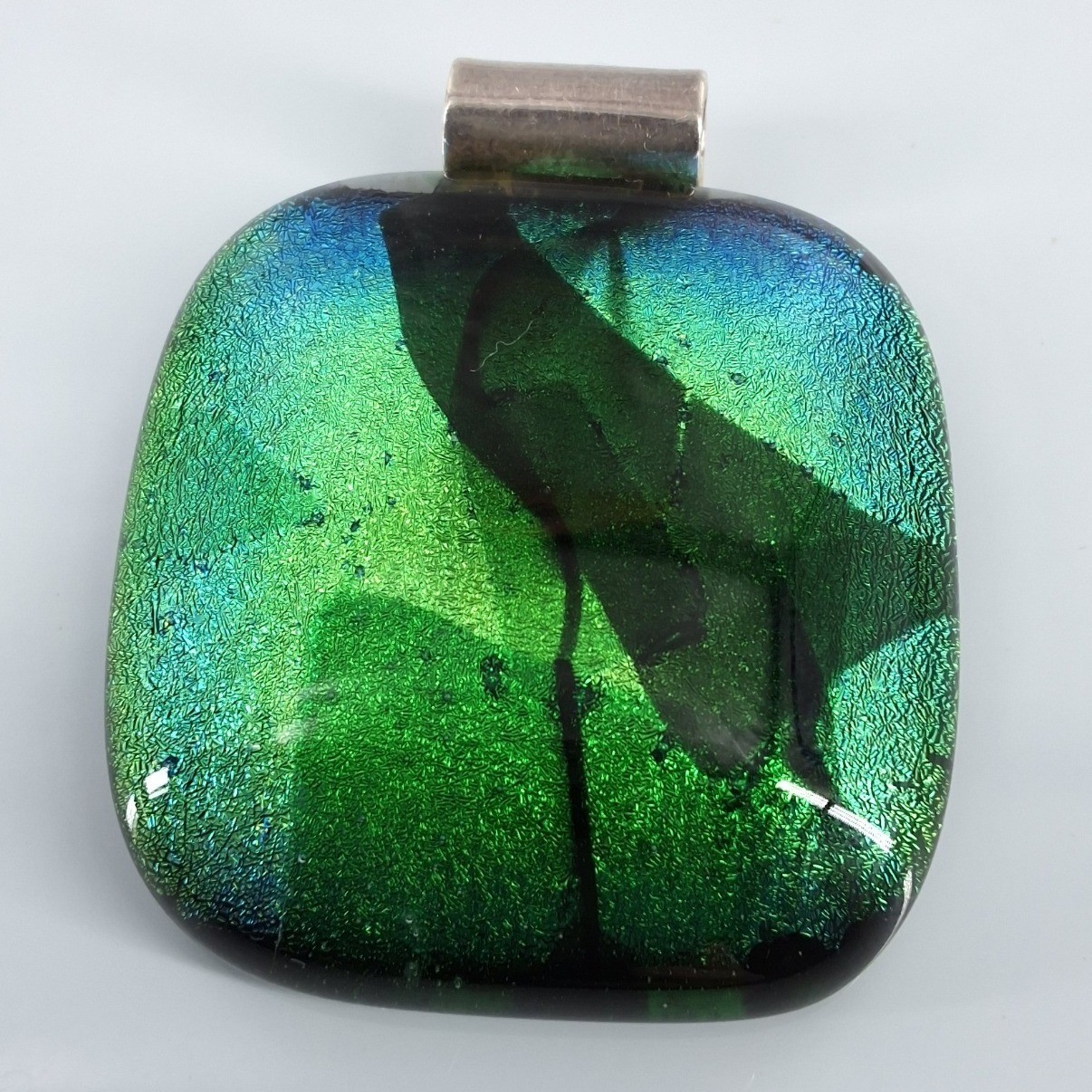 Handmade Dichroic Fused Glass Pendant Green Blue Iridescent Square Art Jewelry
