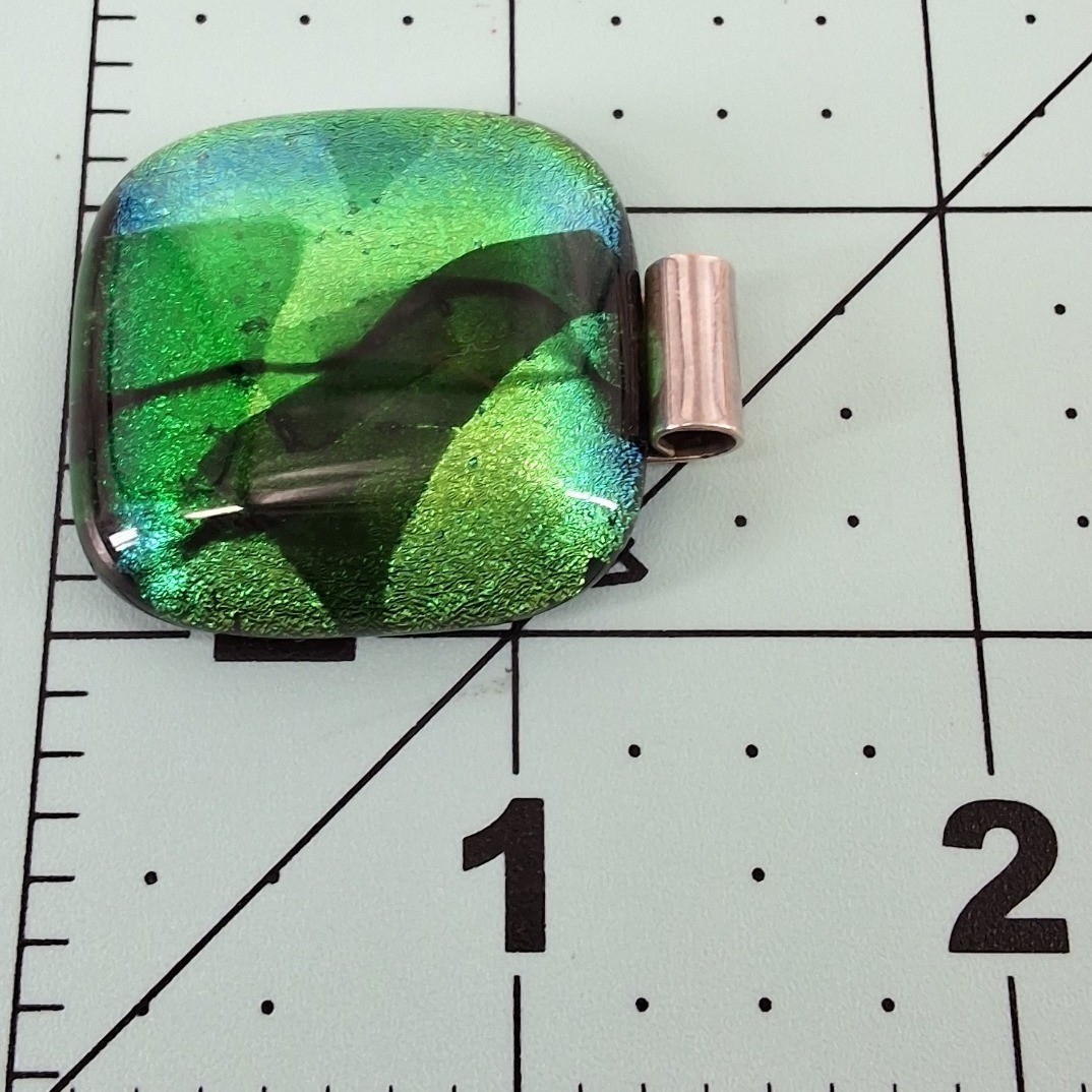Handmade Dichroic Fused Glass Pendant Green Blue Iridescent Square Art Jewelry - View 4