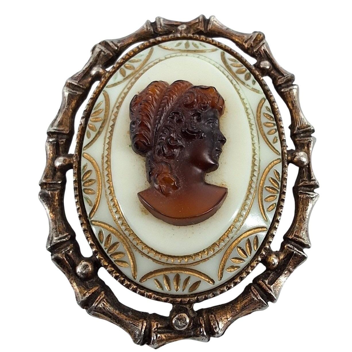 Vintage Root Beer Cameo Brooch Pendant Gold Tone Milk Glass Style Bamboo Frame