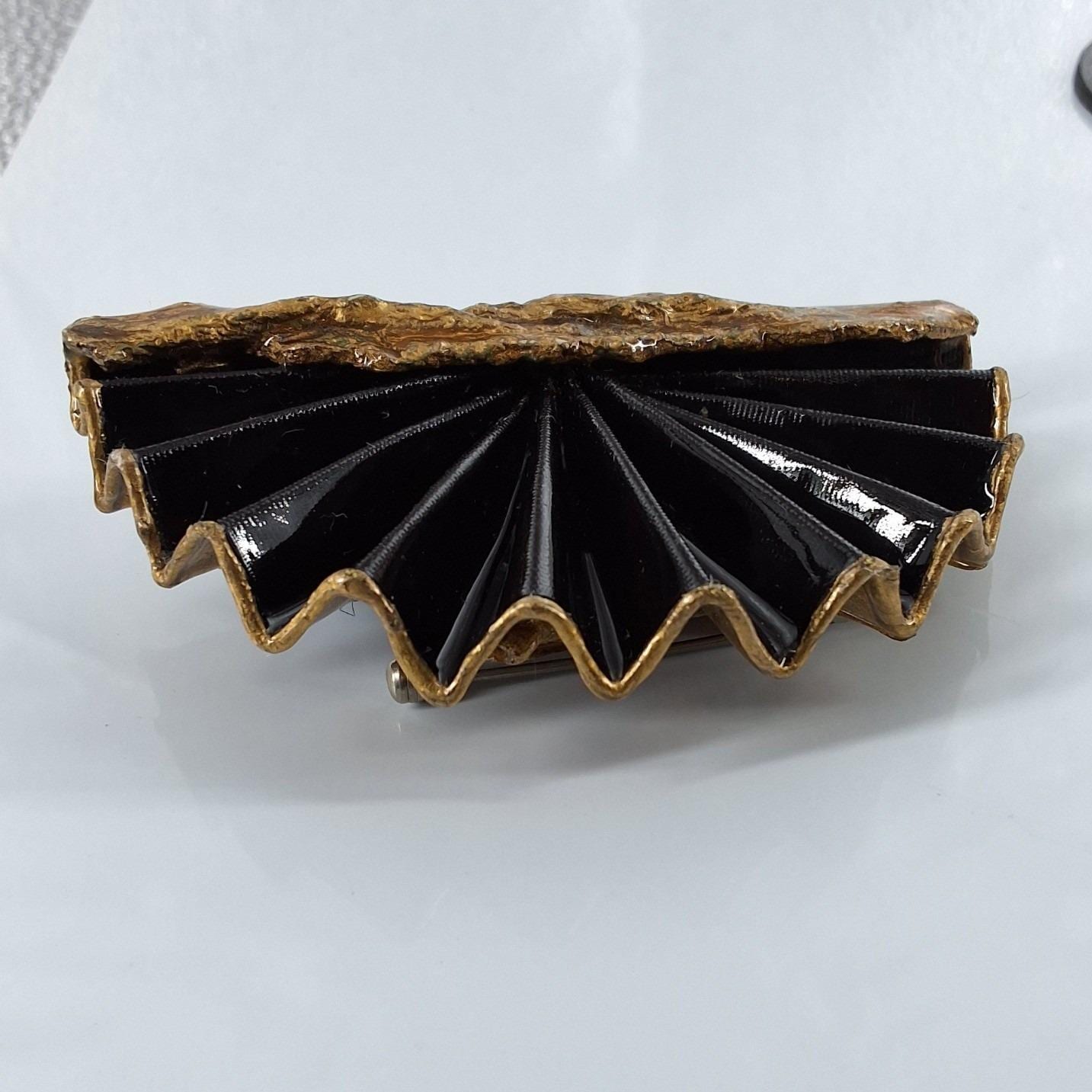 Vintage 1980s Art Deco Black Enamel Fan Brooch Gold Tone Statement Pin - View 3