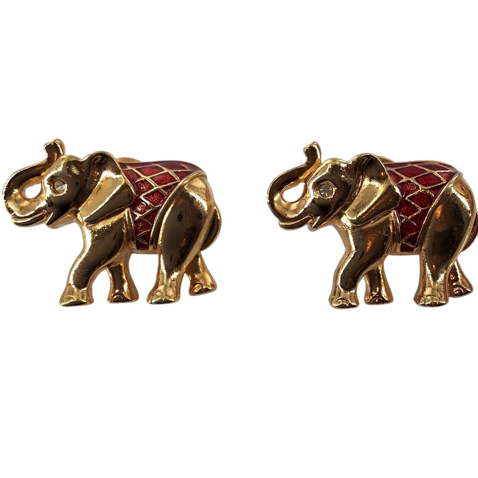 Vintage Avon Gold Tone Red Enamel Grid Elephant Brooch Pin Matching Set 2pc