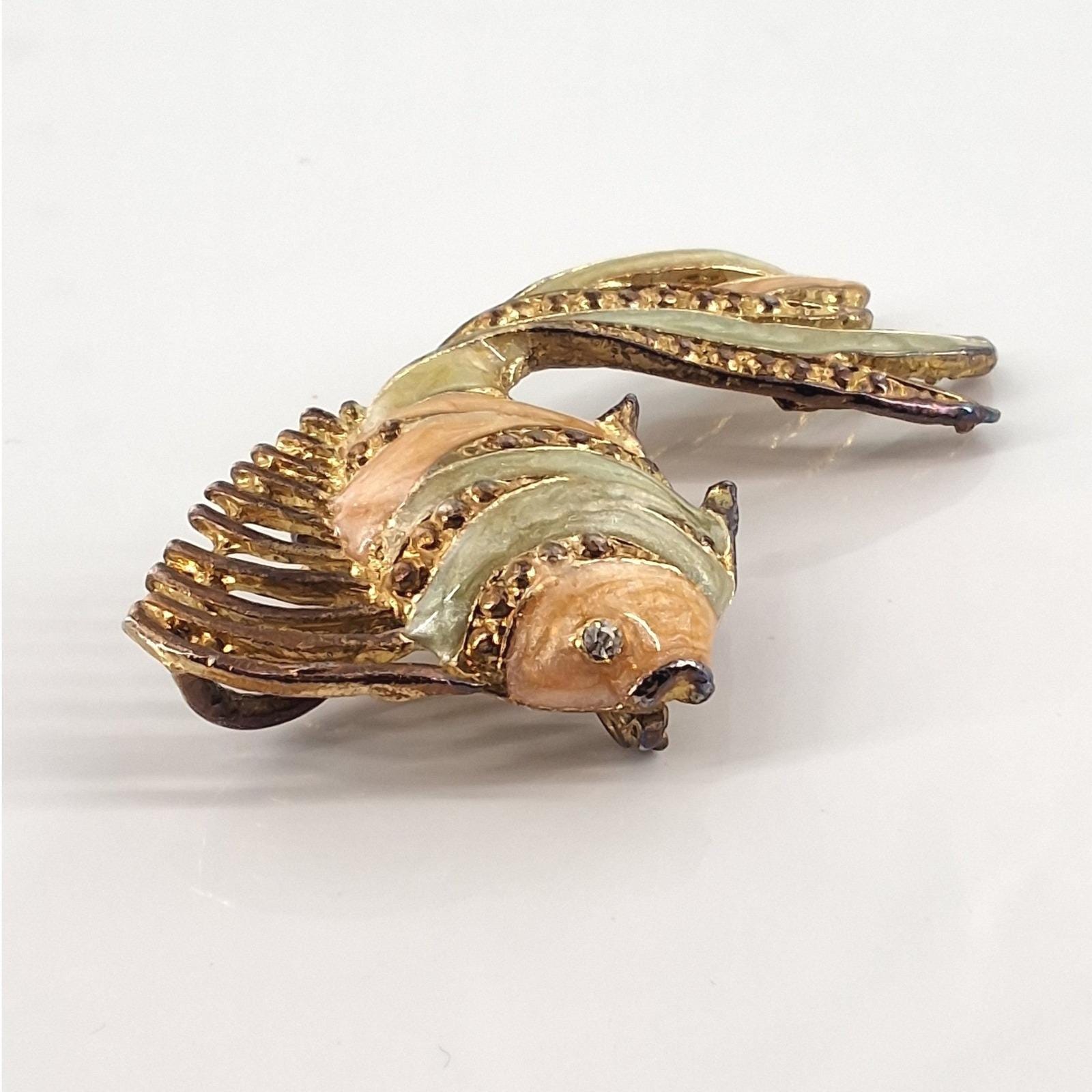 Vintage Gold Tone Enamel Rhinestone Goldfish Brooch Pendant Fish - View 4
