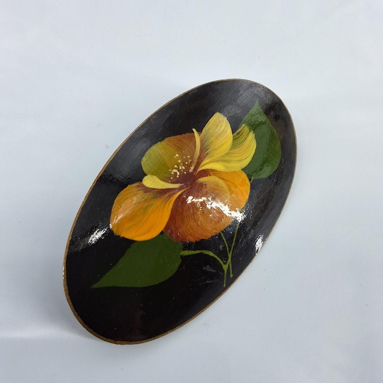 Vintage Hand Painted Floral Lacquer Brooch Oval Yellow Flower Signed Folk Art