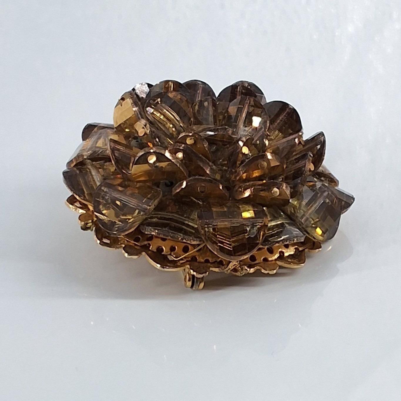 Vintage Amber Glass Bead Cluster Brooch Gold Tone Domed Filigree Pin 1960s - View 6