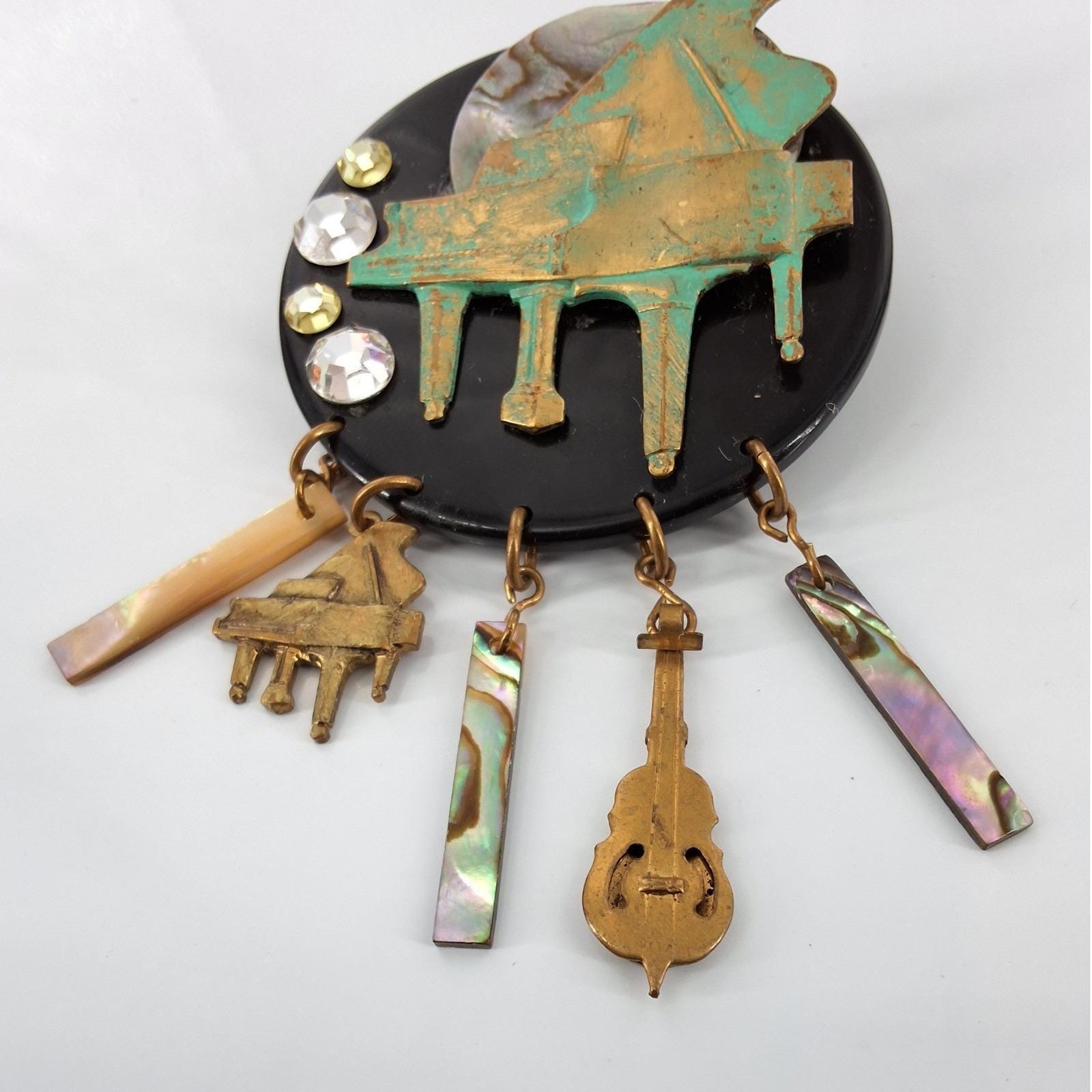 Vintage Musical Grand Piano Brooch Cello Shell Dangle Charms Verdigris Patina - View 5