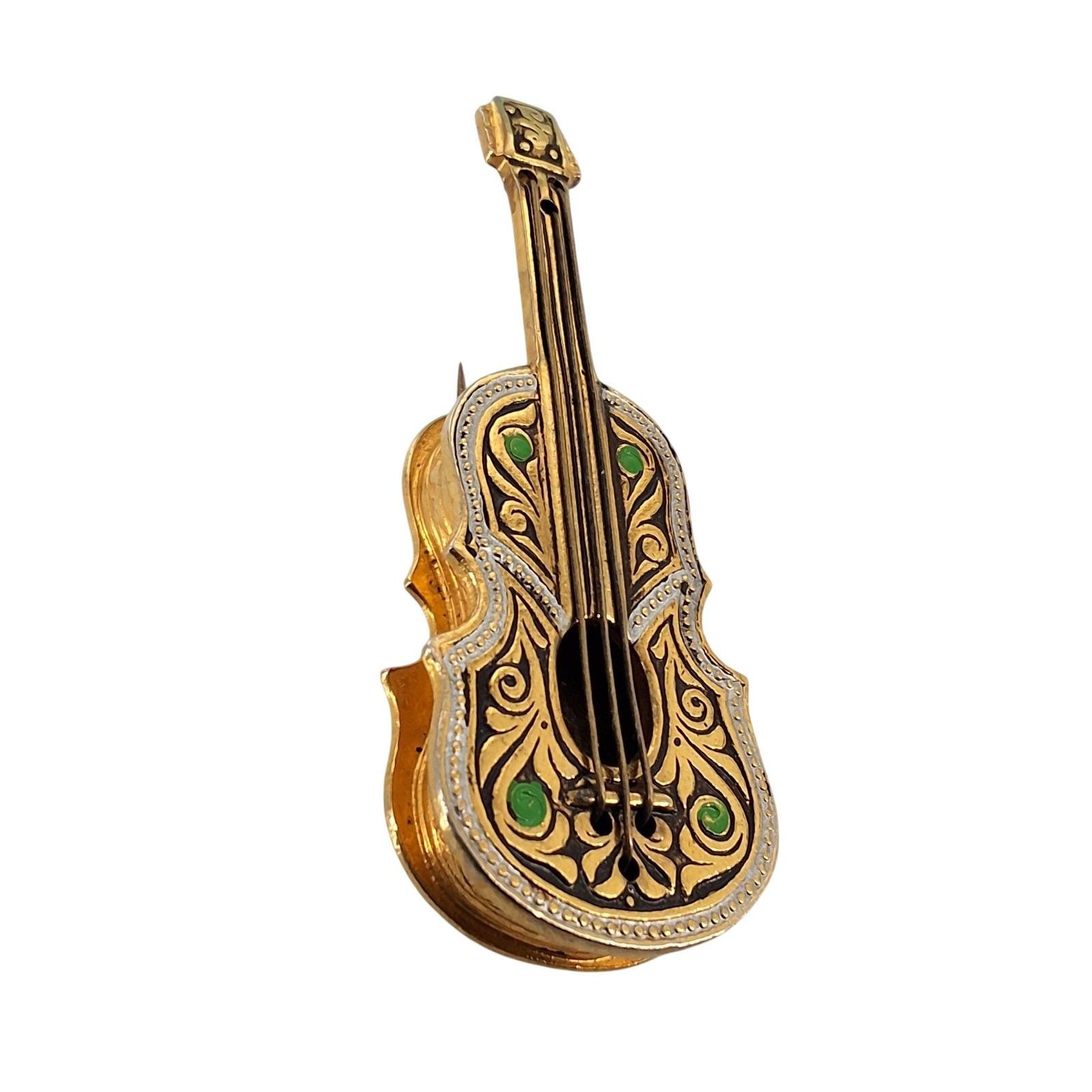 Vintage Gold Tone Violin Brooch Green Enamel Music Pin 2"