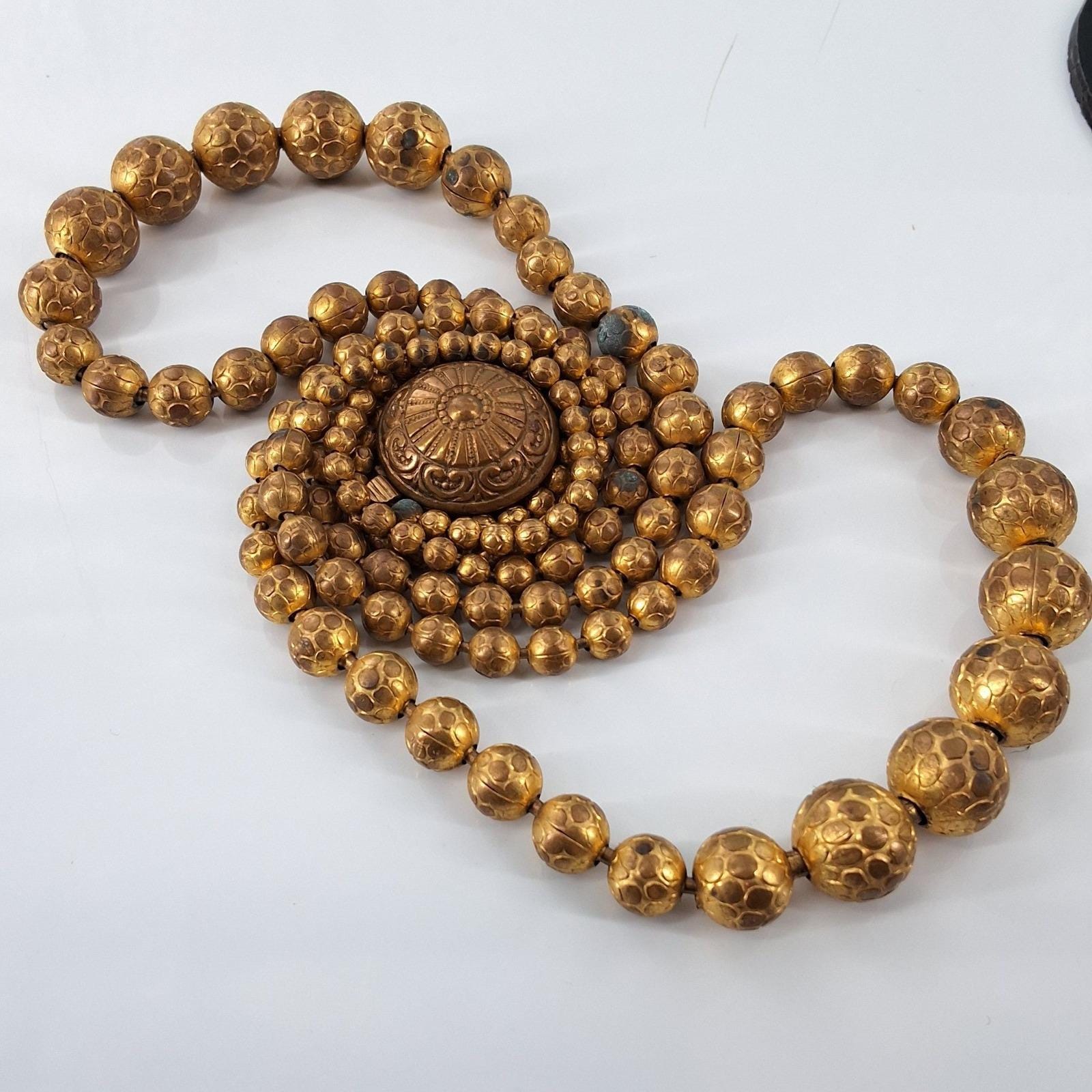 Vintage Gold Tone Honeycomb Textured Chunky Beaded Bib Collar Statement Necklace