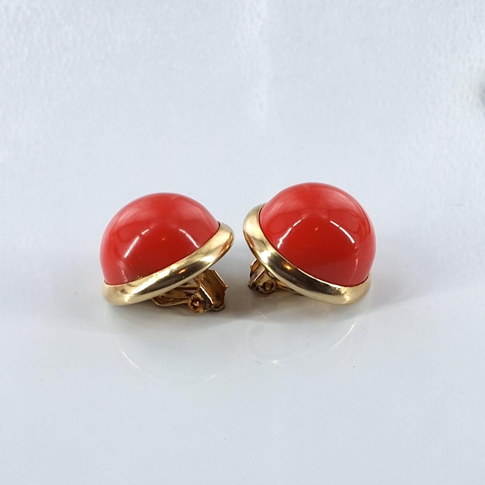 Vintage 1980s Red Cabochon Dome Clip On Earrings Gold Tone Bold Button Studs - View 5