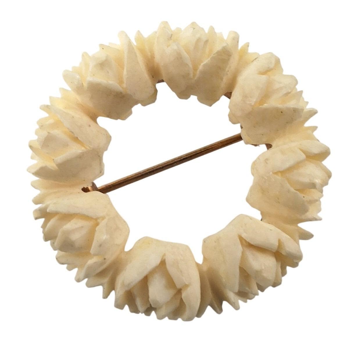 Vintage Cream Carved Celluloid Flower Wreath Brooch Gold Tone Circle Pin