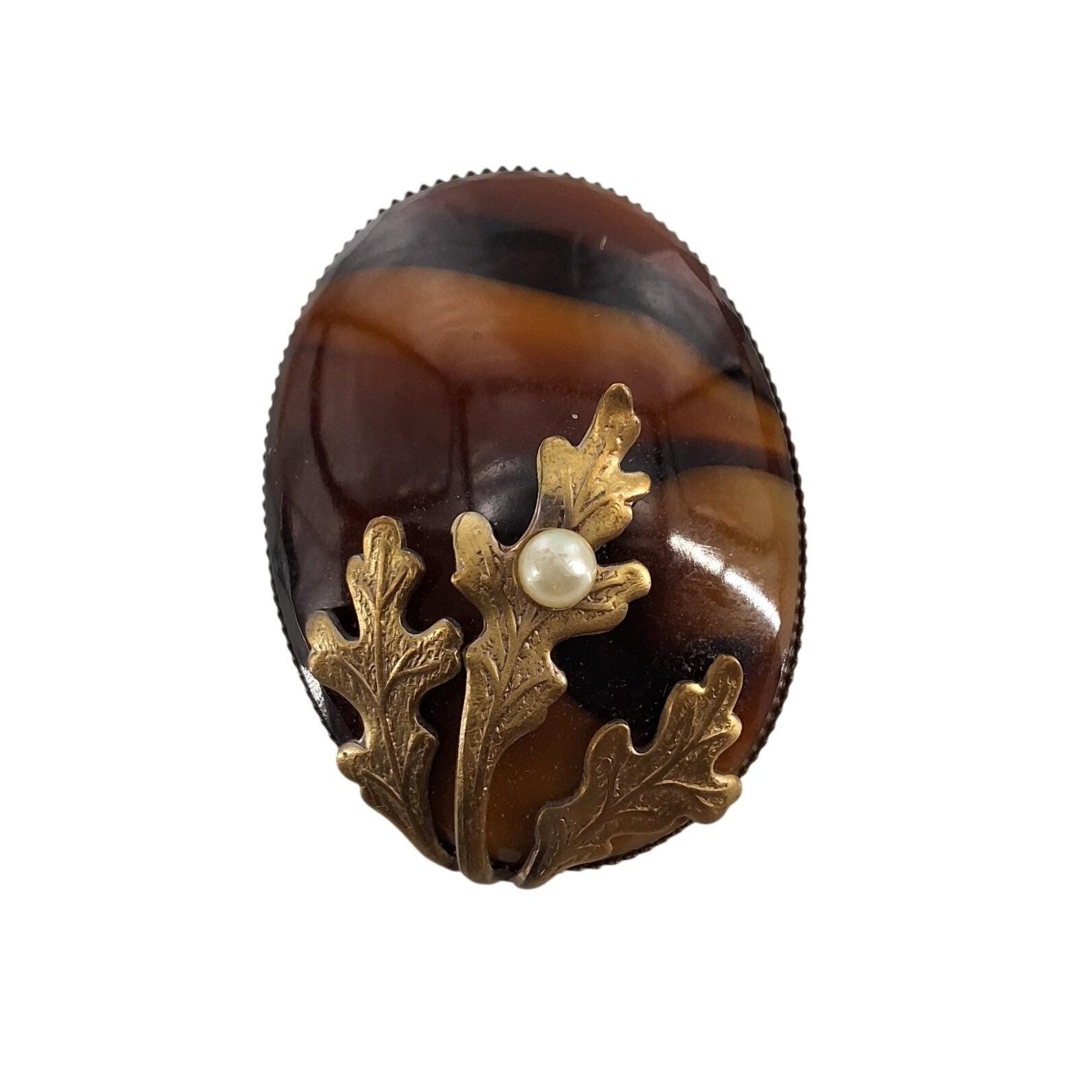 Vintage Faux Tortoiseshell Oval Brooch Gold Tone Leaf Faux Pearl Accent Brown