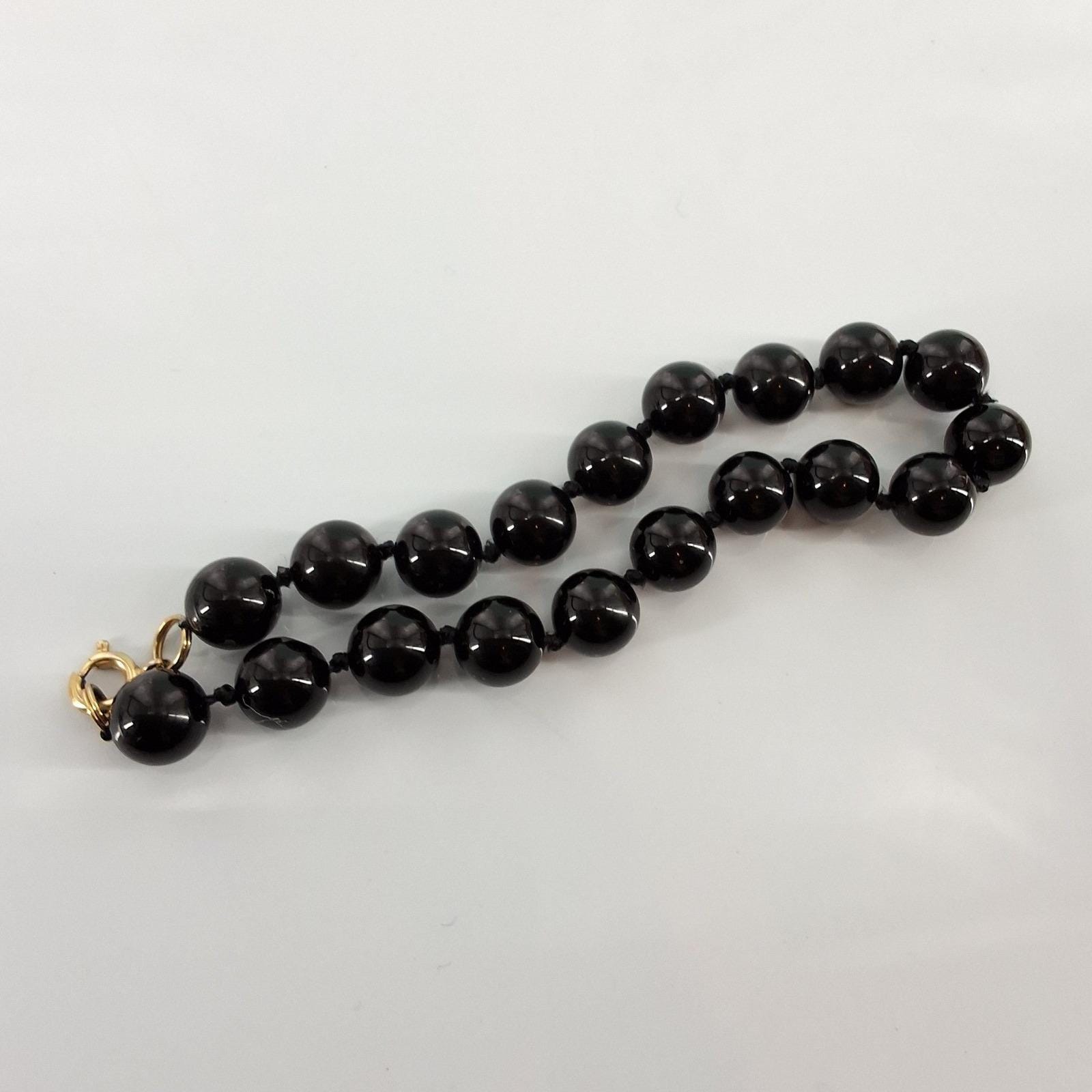 Vintage Genuine Black Onyx Beaded Bracelet Hand Knotted Gold Tone Clasp 8"